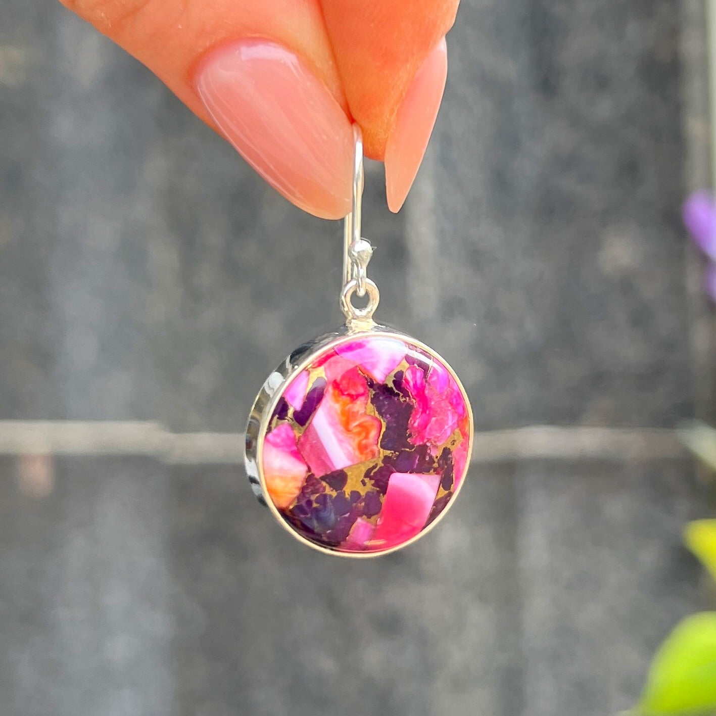 RARE Pink & Purple Dahlia Turquoise Sterling Silver Drop Earrings
