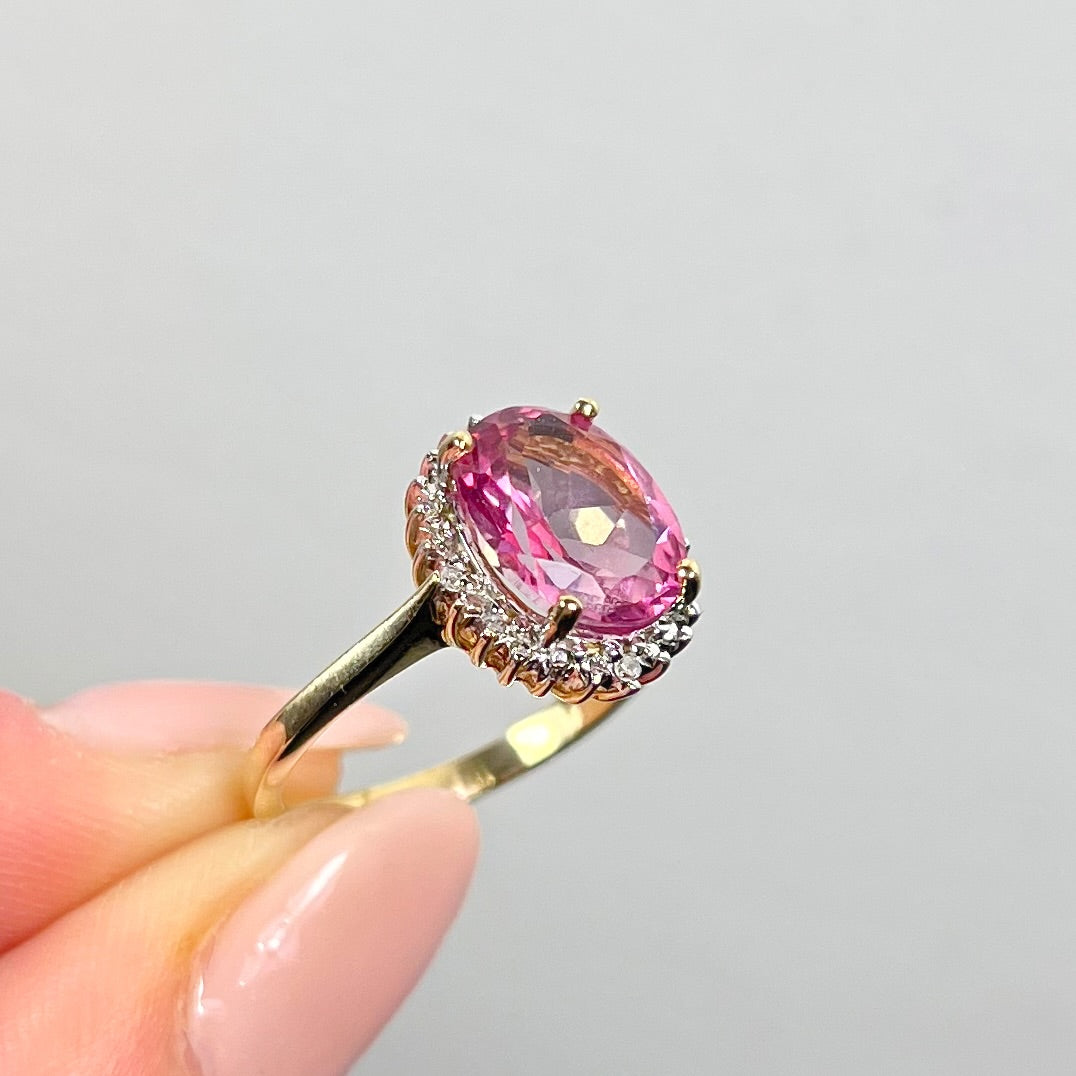 Vintage 9ct Yellow Gold Pink Topaz and Diamond Halo Dress Ring - Size J ½