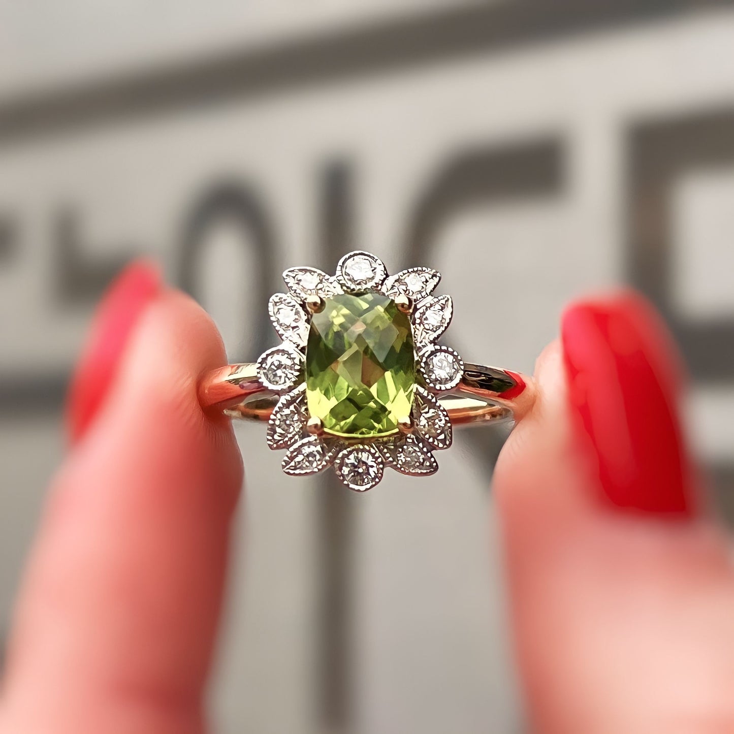 9ct Yellow Gold Peridot and Diamond Ring - Size N