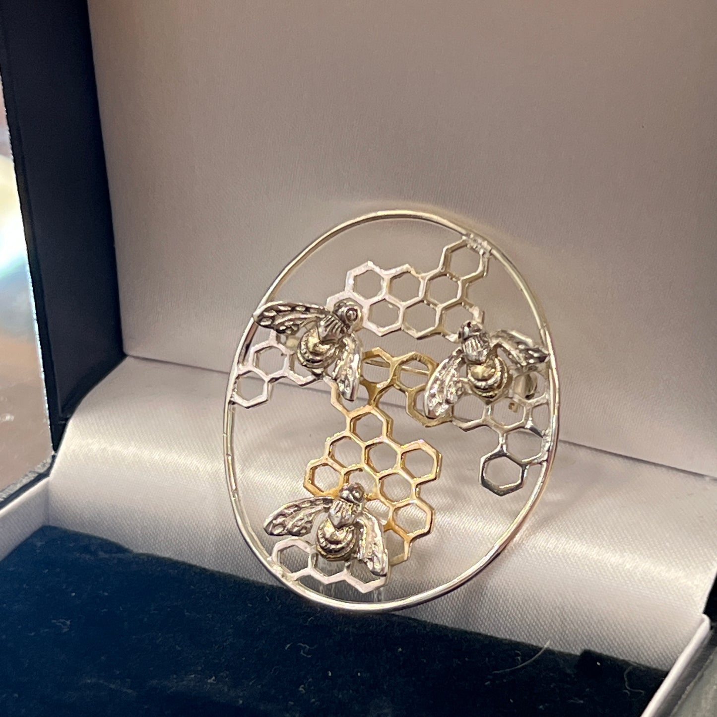 Paula Bolton Honeycomb Bee Design Sterling Silver Gold Plated Brooch