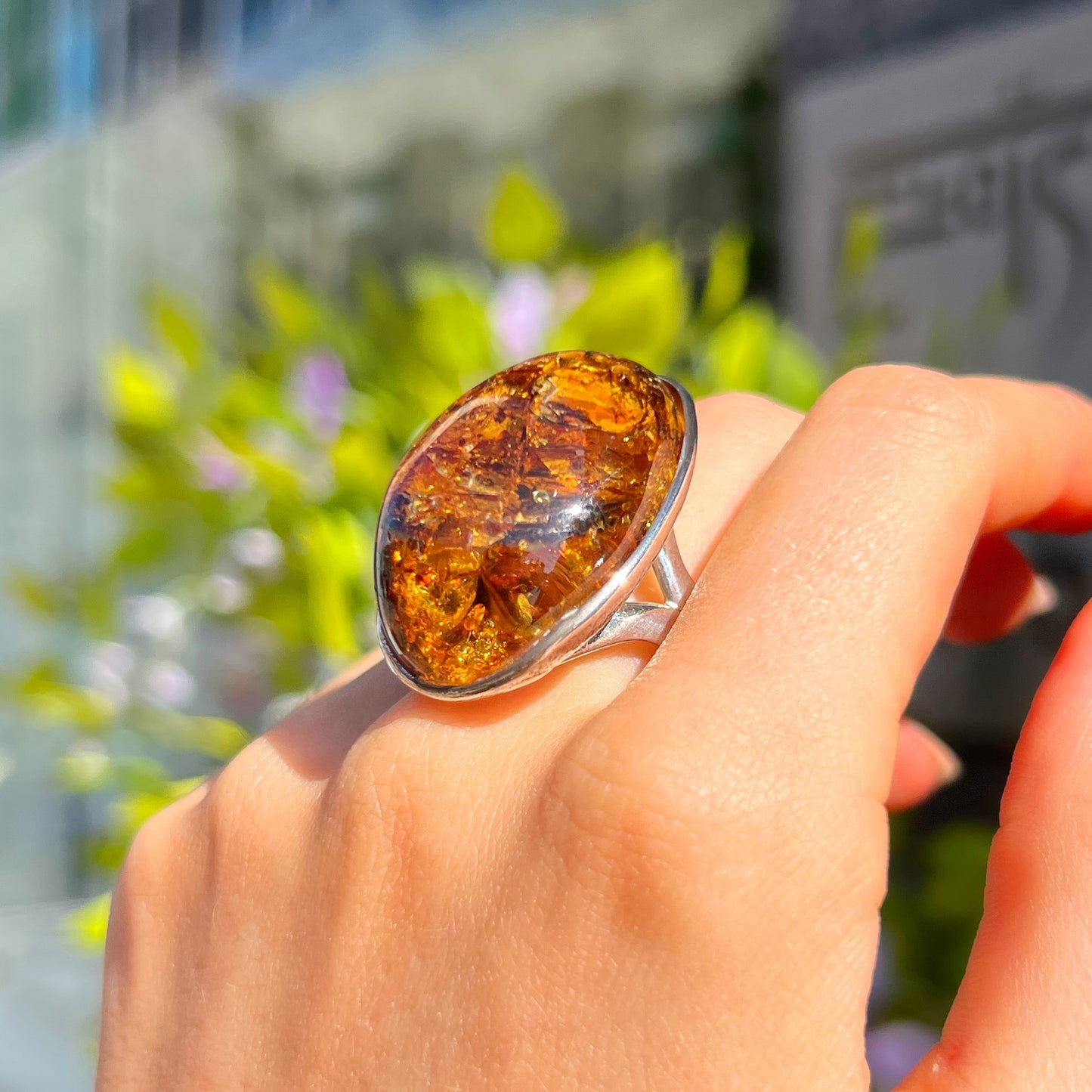 Super Chunky Sterling Silver Orange Amber Ring - adjustable
