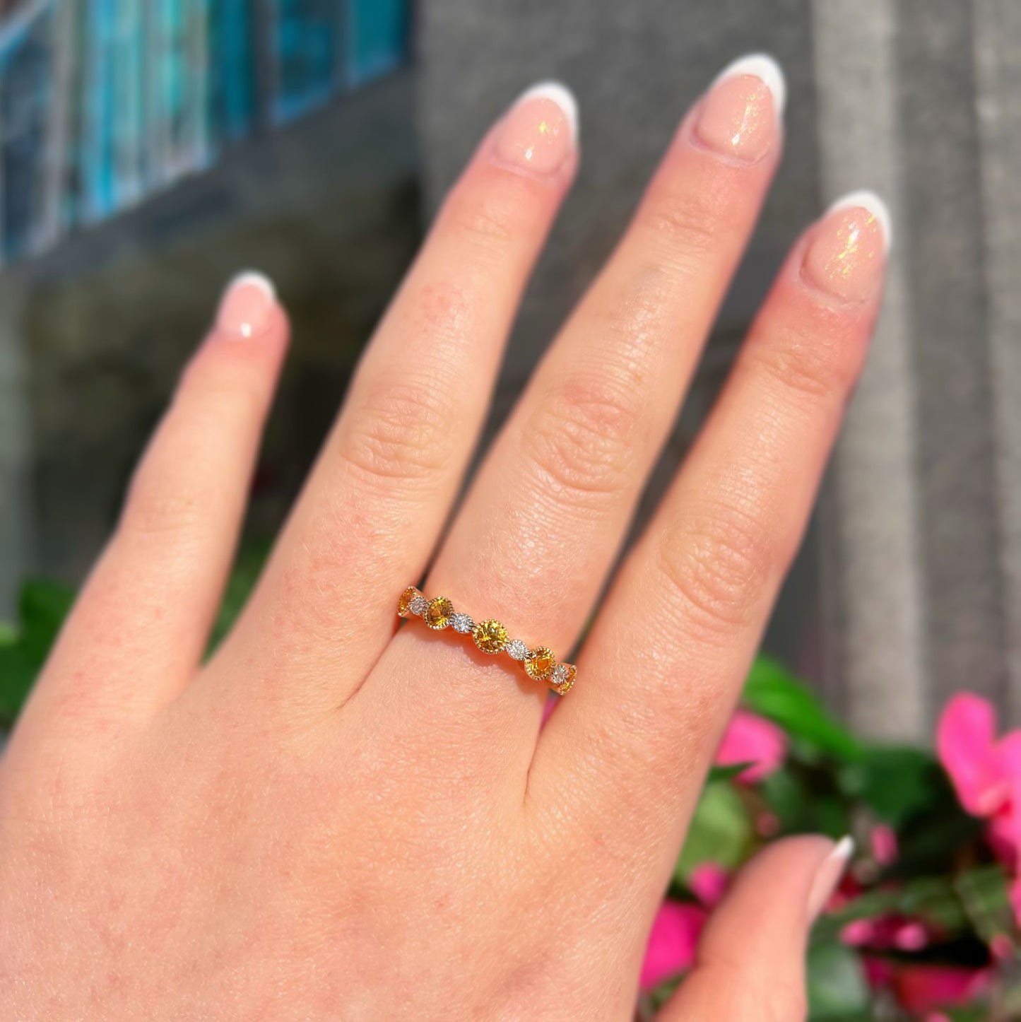 Unique 9ct Yellow Gold Yellow Sapphire and Diamond Half Eternity Ring - Size N