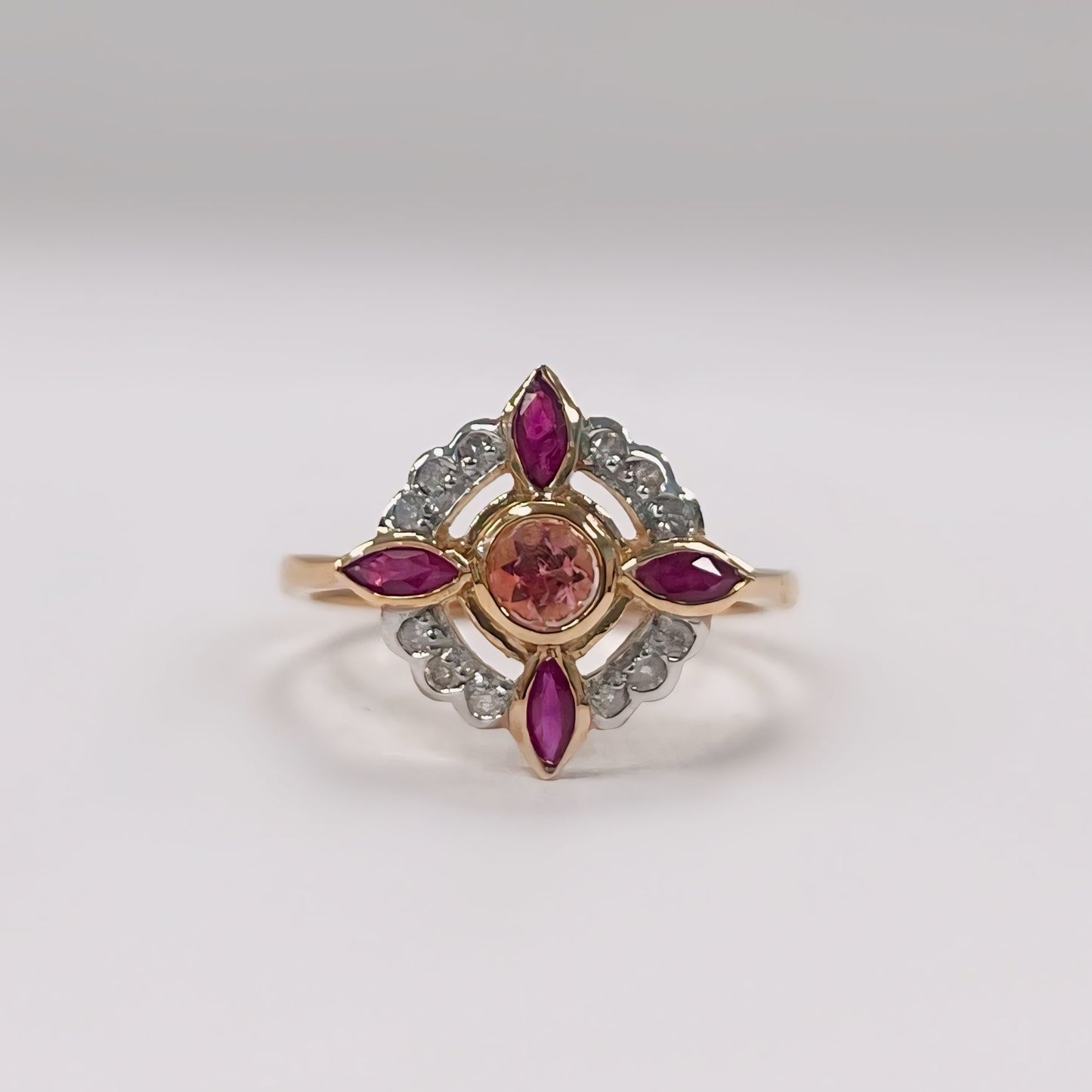 Edwardian Inspired 9ct Yellow Gold Pink Tourmaline Ruby And Diamond Ring - SIZE O