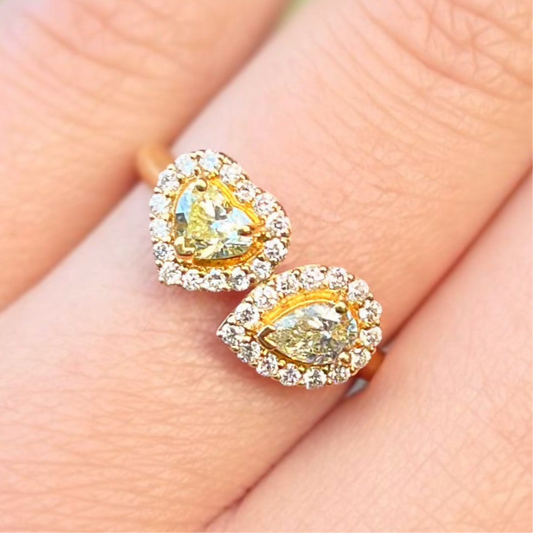 The Lovers Ring - 18ct Yellow Gold Heart & Pear Cut Toi et Moi Natural Yellow Diamond Ring - Size M ½
