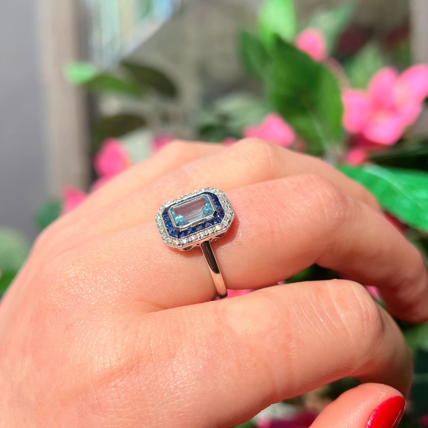 Art Deco Reproduction Blue Topaz, Sapphire and Diamond 9ct White Gold Ring | Size M ½