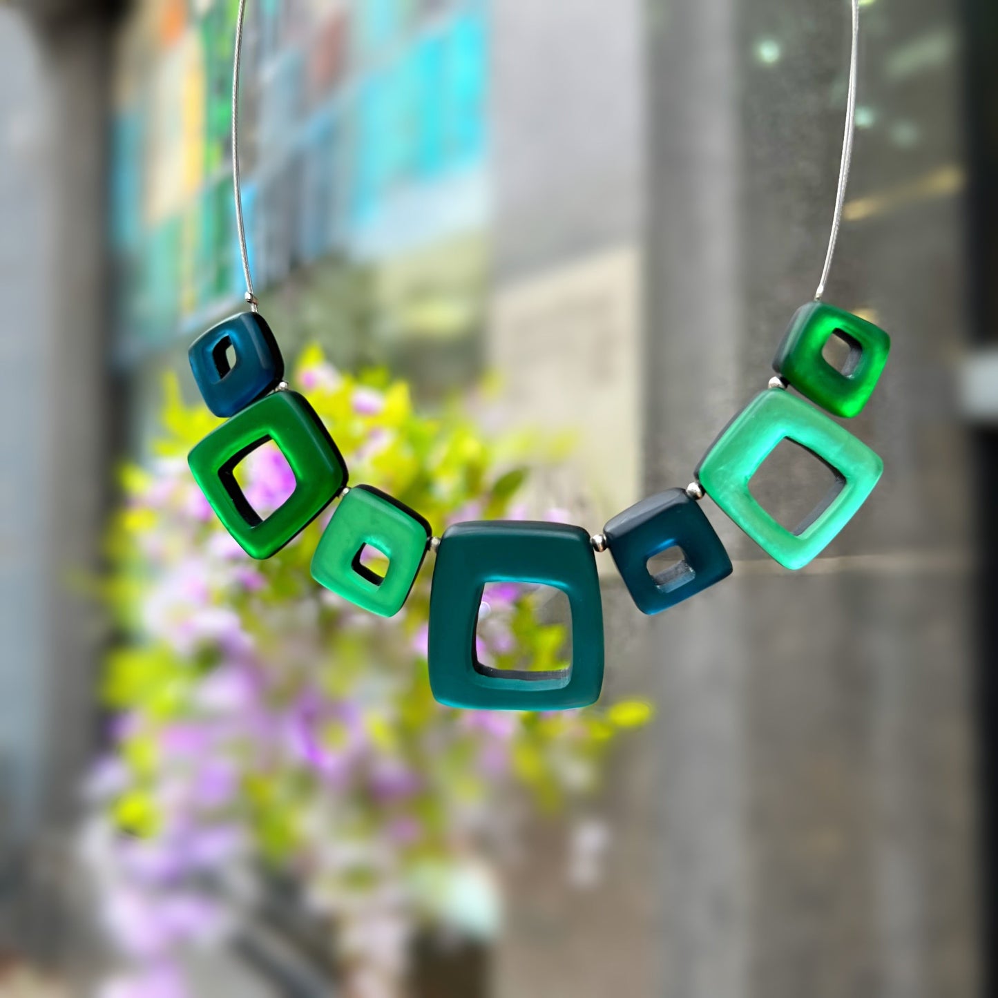 ‘Watch This Space’ Green & Blue Square Necklace