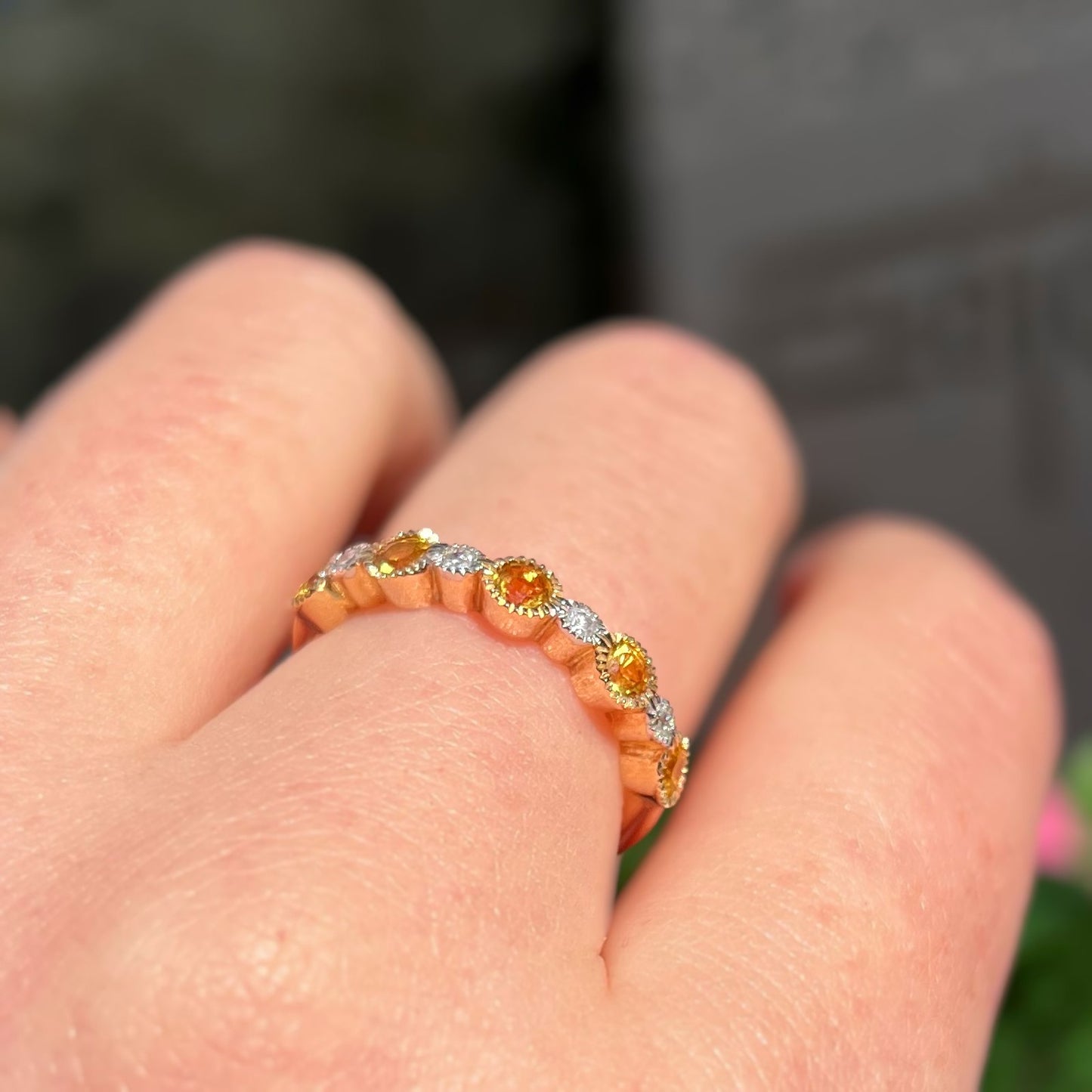 Unique 9ct Yellow Gold Yellow Sapphire and Diamond Half Eternity Ring - Size N