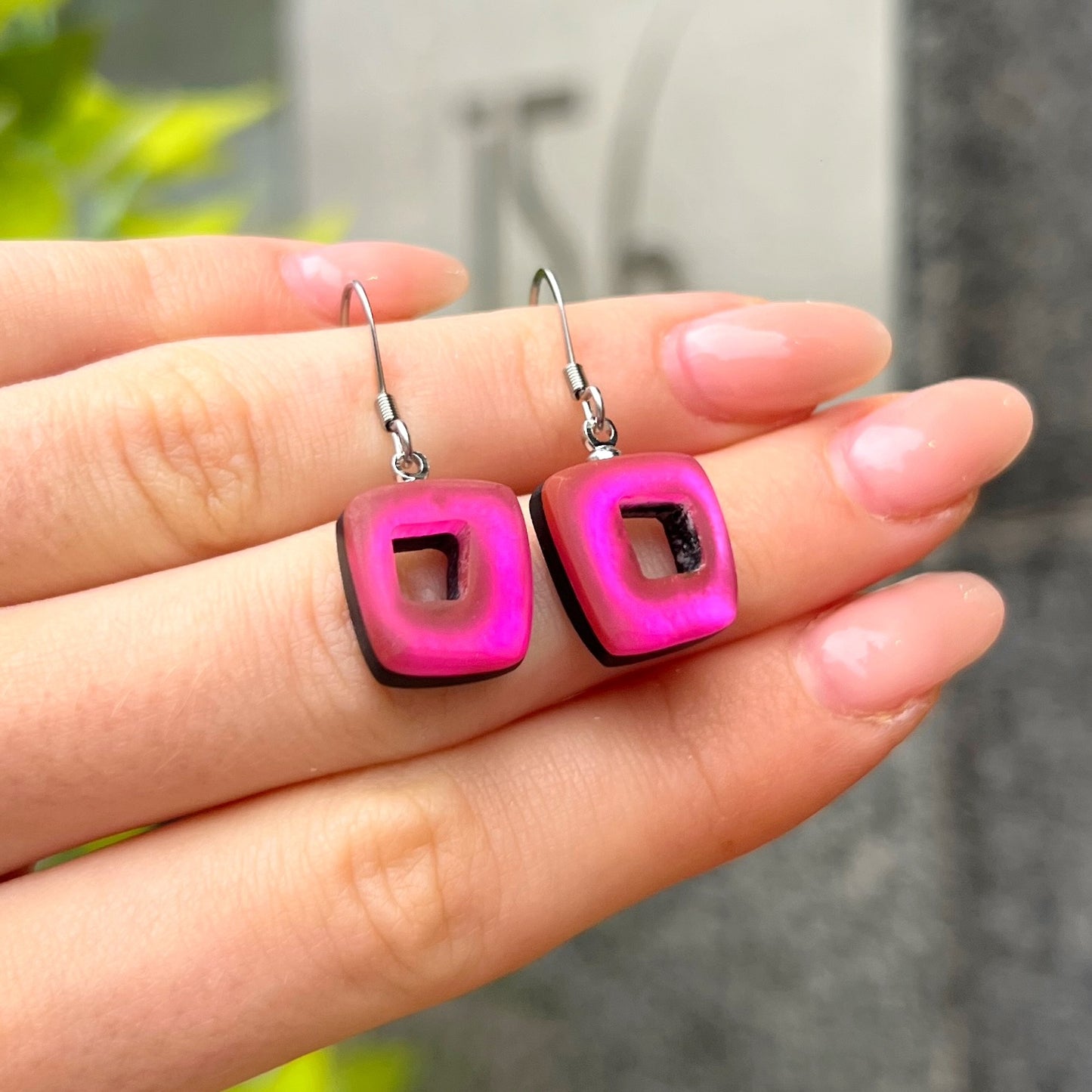 ‘Watch This Space’ Pink Square Drop Earrings