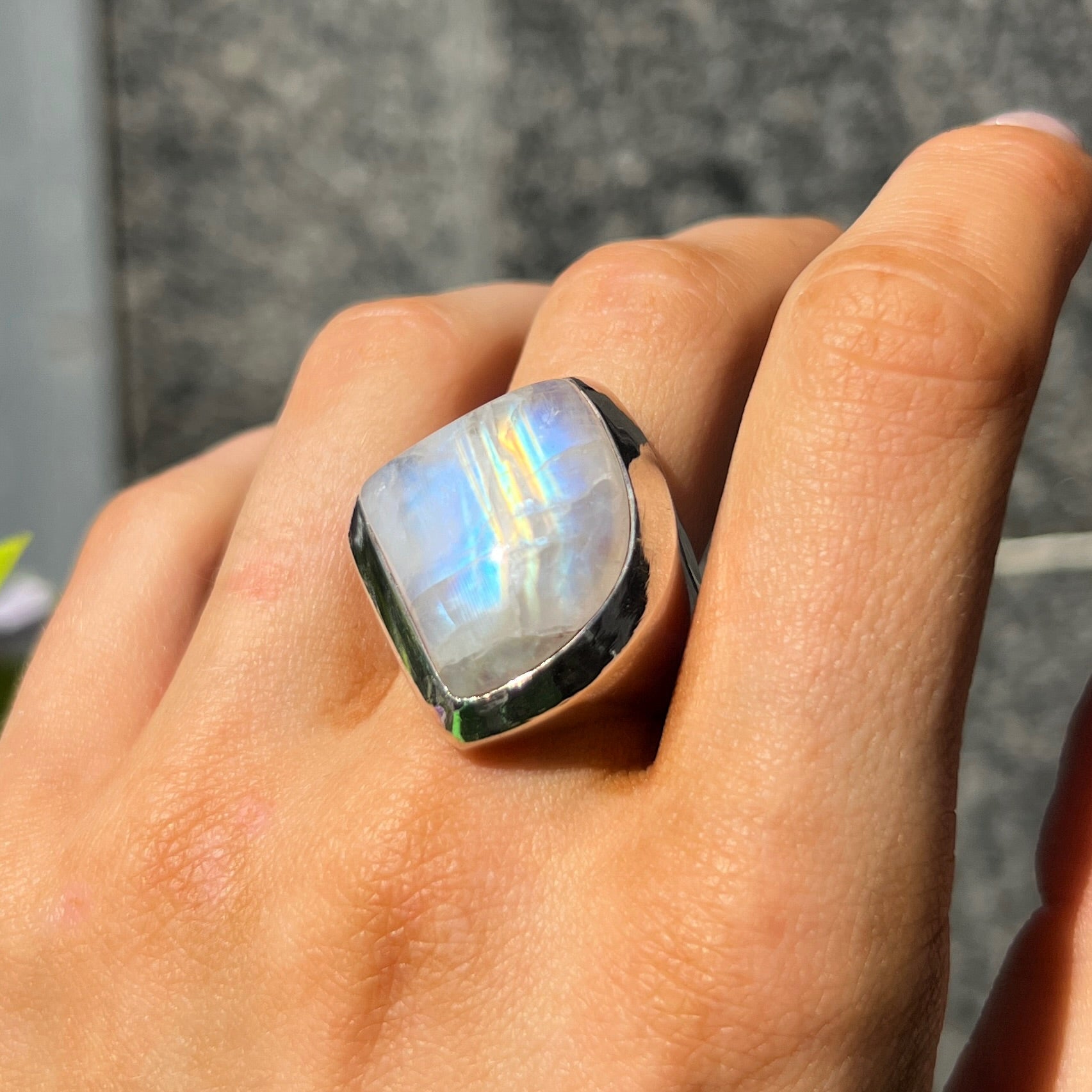 Bohemian Chunky Sterling Silver White Rainbow Moonstone Ring Size P
