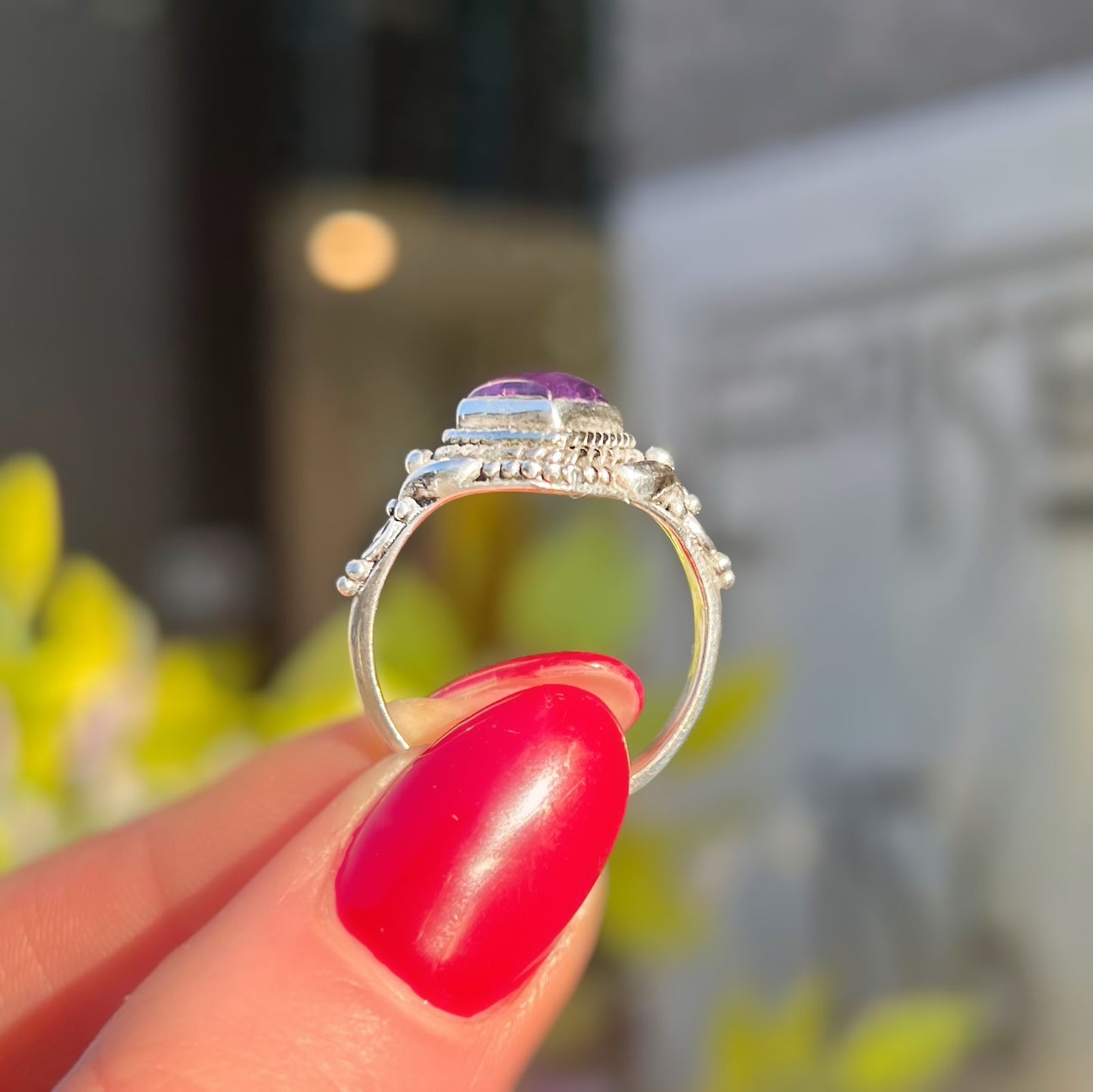 Boho Inspired Dainty Cabochon Amethyst Ring - Size N