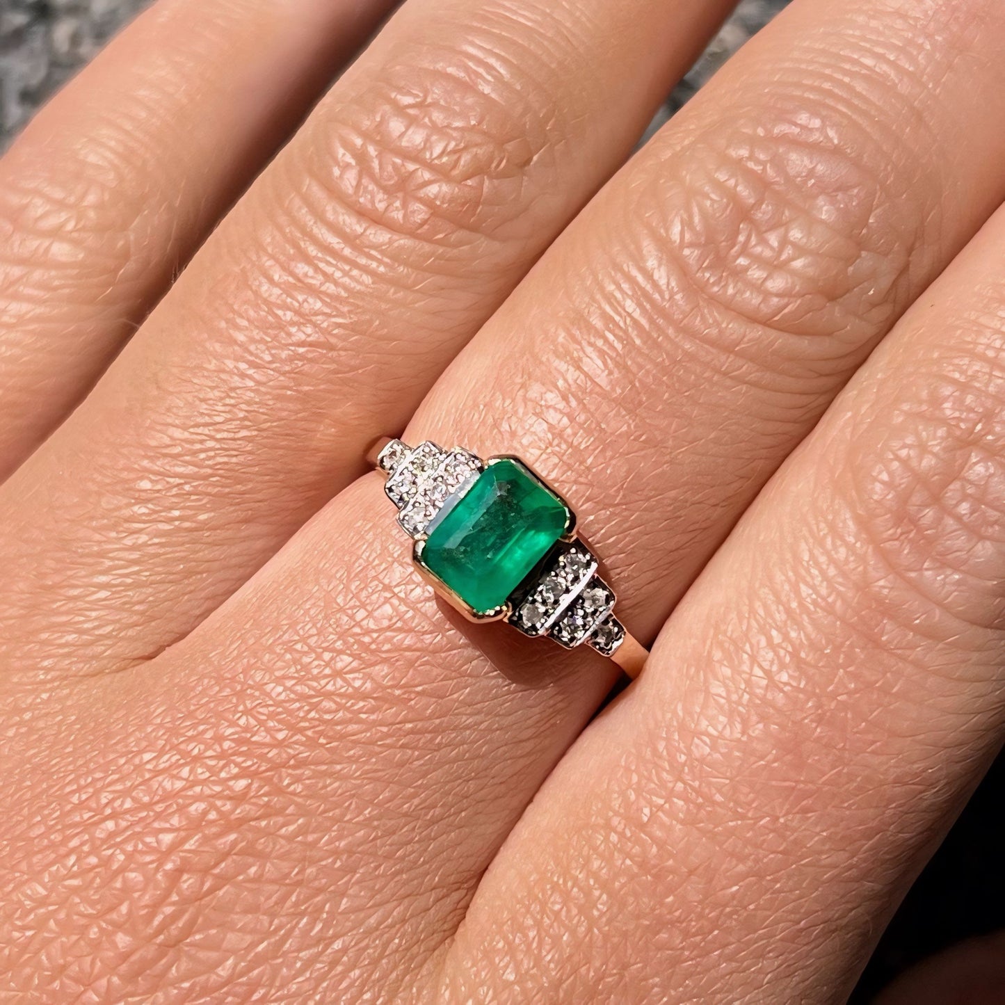 9ct Yellow Gold Art Deco Inspired Emerald and Diamond Ring - Size N ½