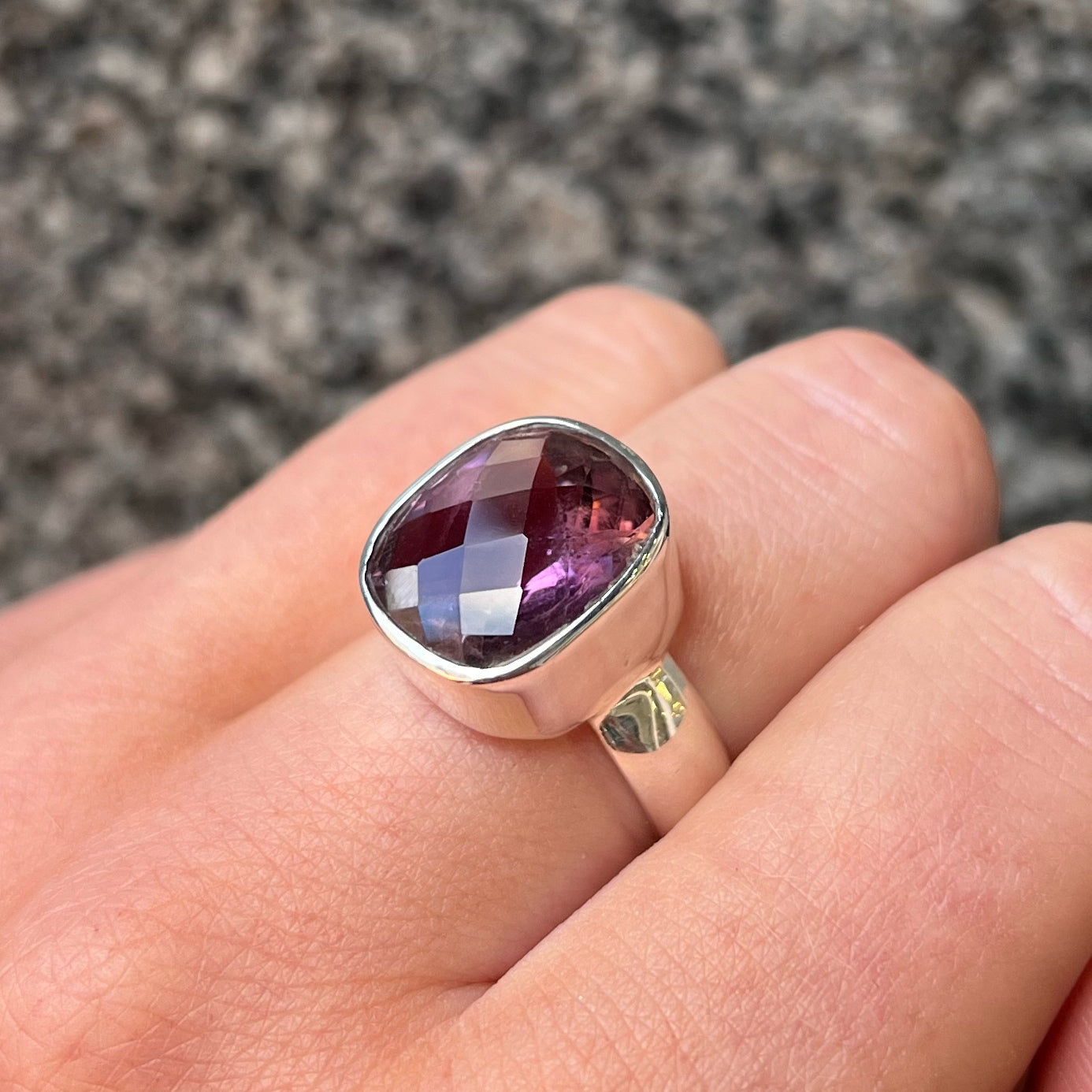 Sterling Silver Chunky Statement Checkerboard Amethyst Ring - Size N
