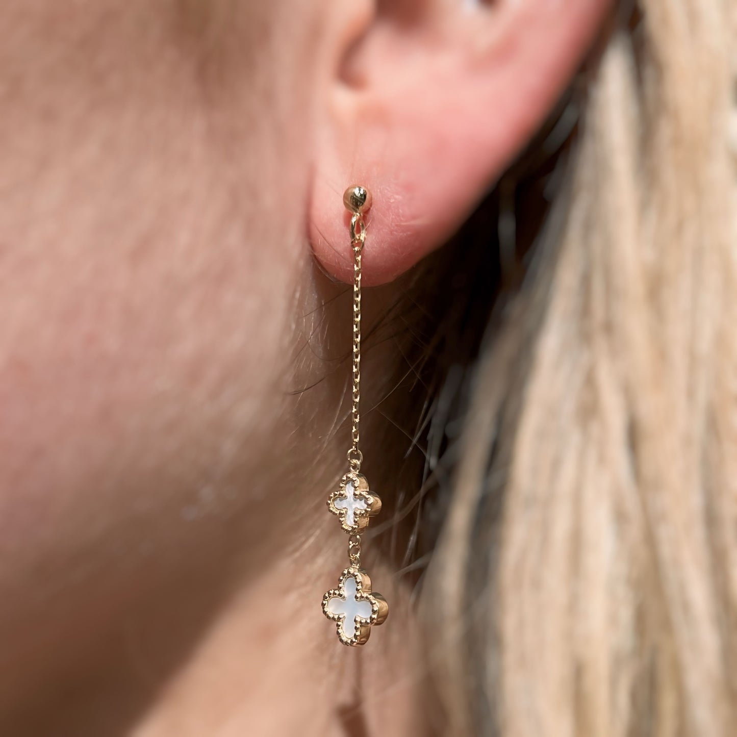 9ct Yellow Gold Mother of Pearl Clover Chain Drop Earrings