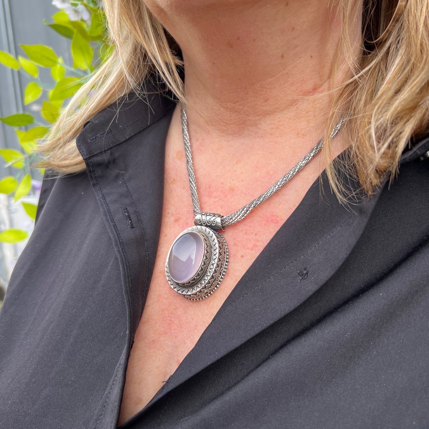 Bohemian Chunky Sterling Silver Pink Rose Quartz Necklace