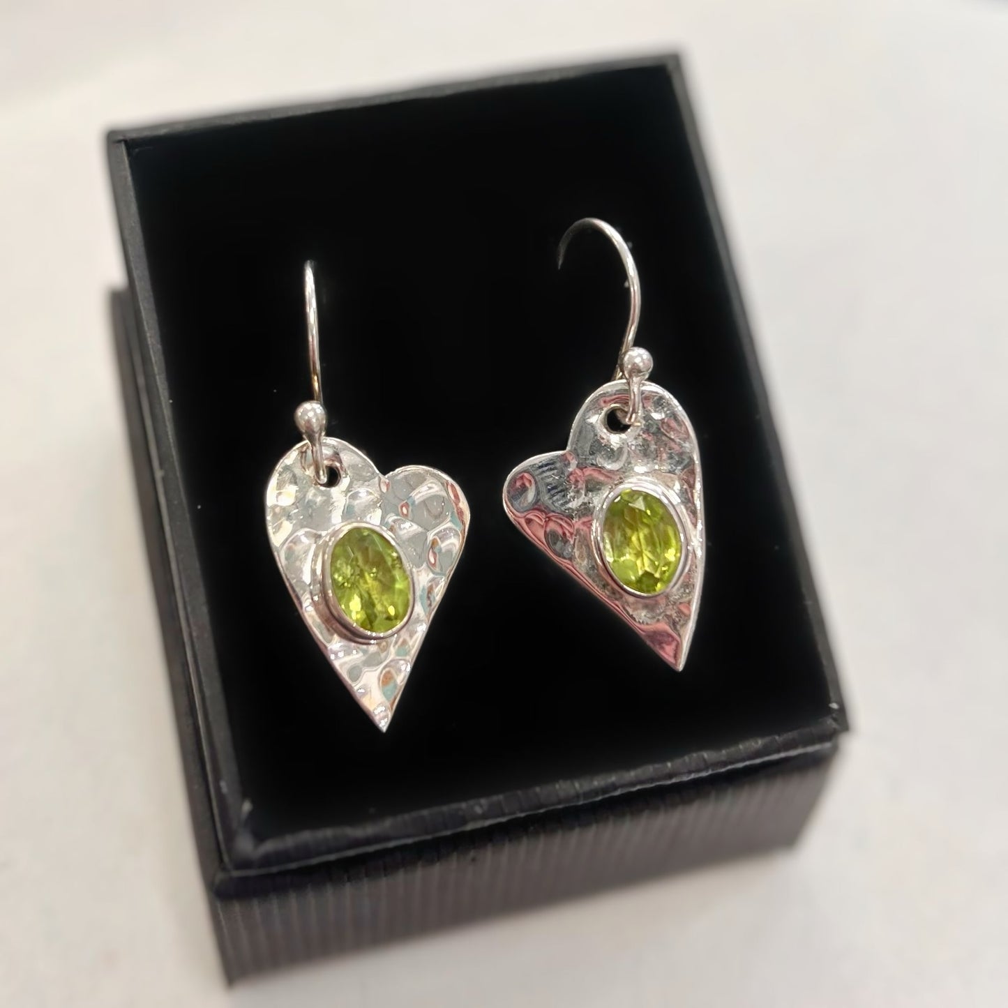 Sterling Silver Peridot Hammered Heart Drop Earrings