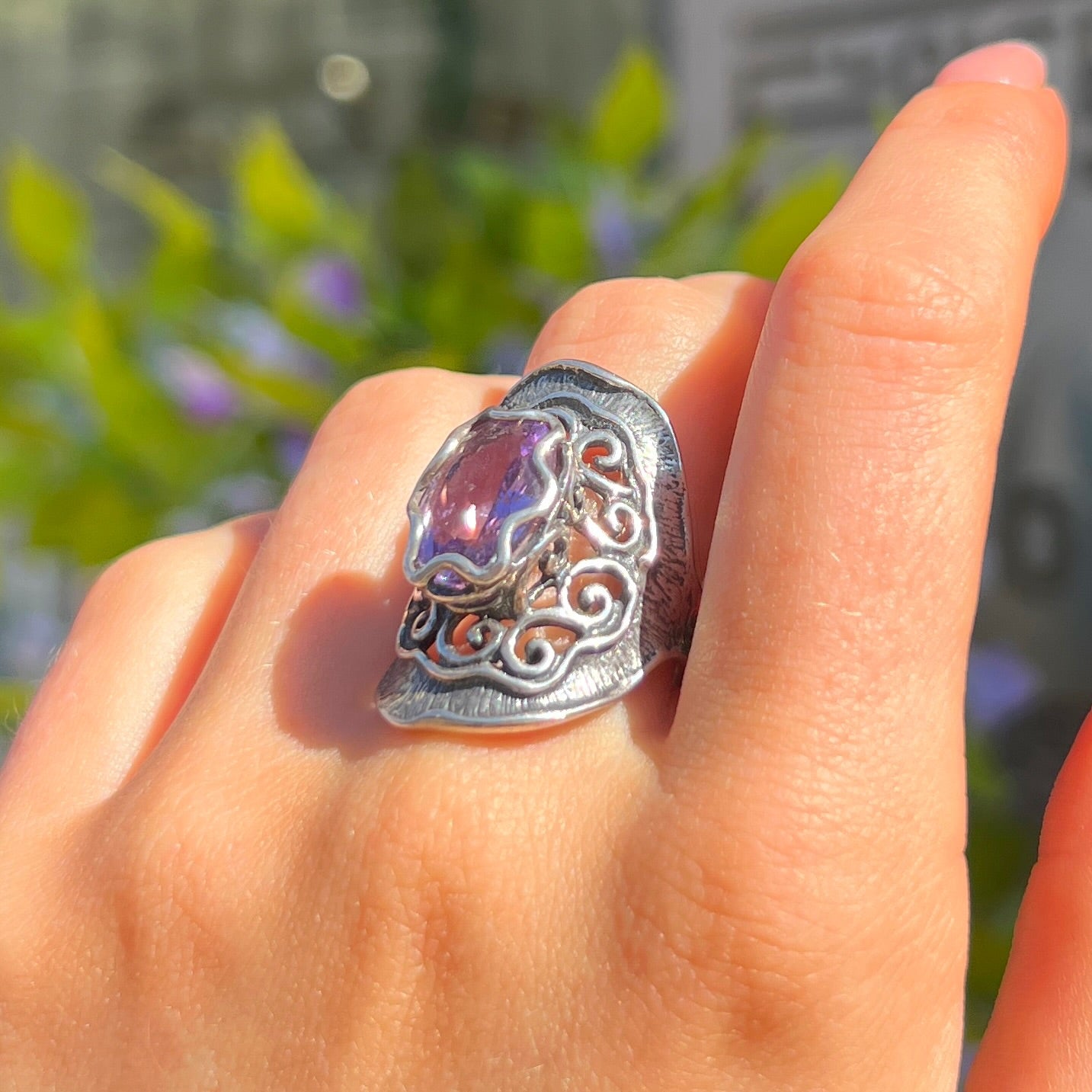 Swirl Sterling Silver Amethyst Ring - Size R