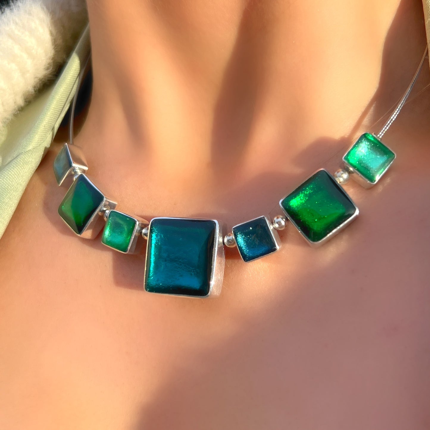 ‘Watch This Space’ Blue & Green Square Necklace