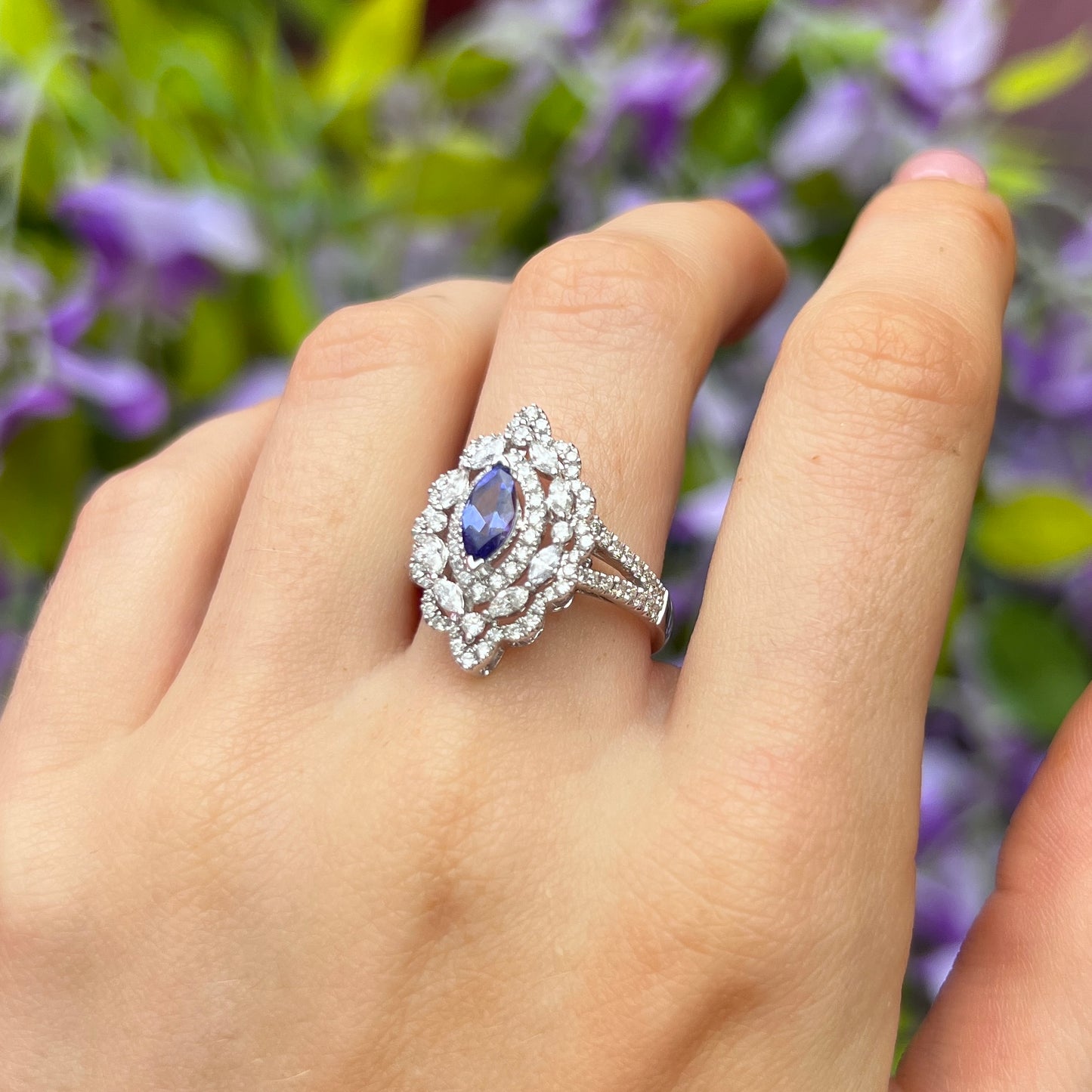 18ct White Gold Tanzanite And Diamond Statement Ring – SIZE O