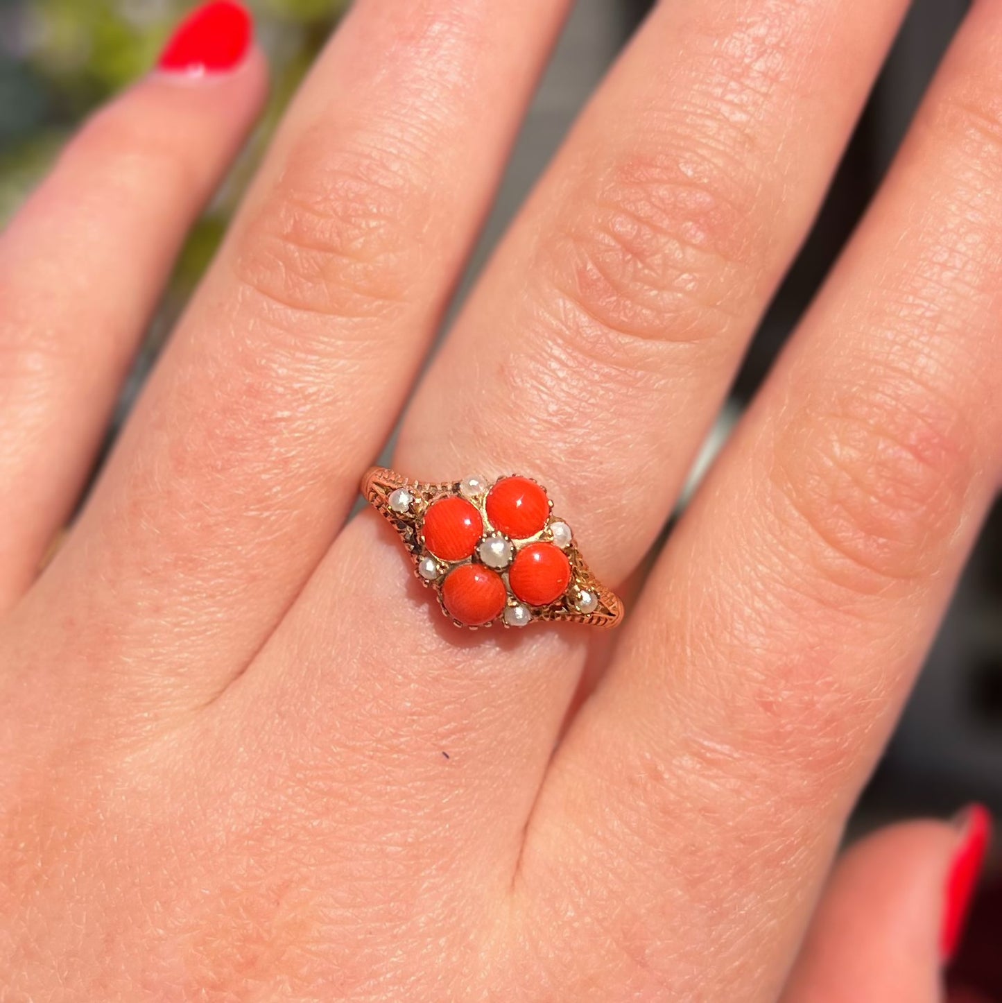 Victorian Inspired 9ct Yellow Gold Coral and Seed Pearl Forget-me-not Ring - Size M ½