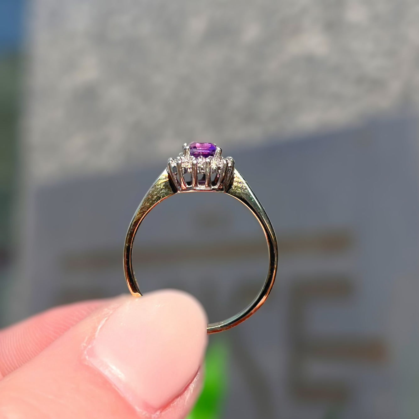 Timeless Vintage 9ct Yellow Gold Emerald Cut Amethyst and Diamond Halo Cluster Ring - Size K