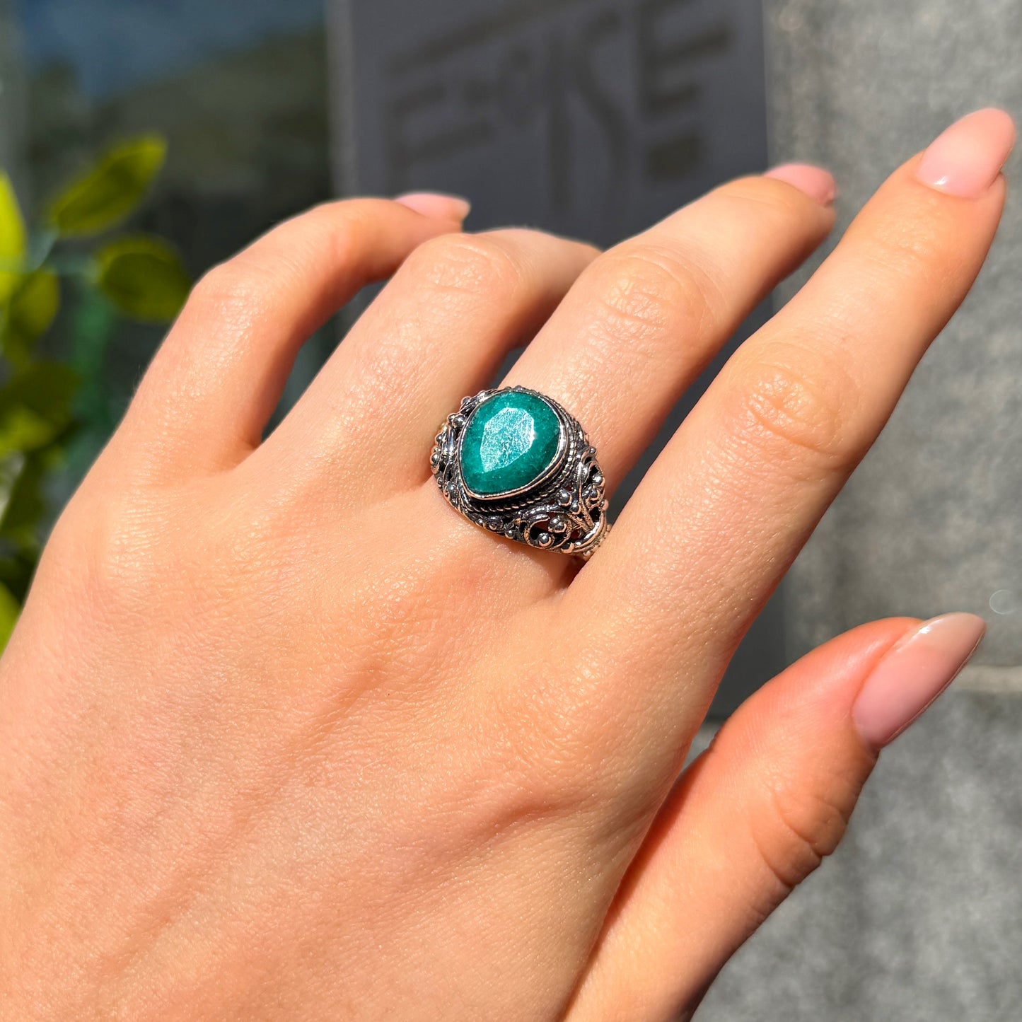 Green Emerald Sterling Silver Boho Ring