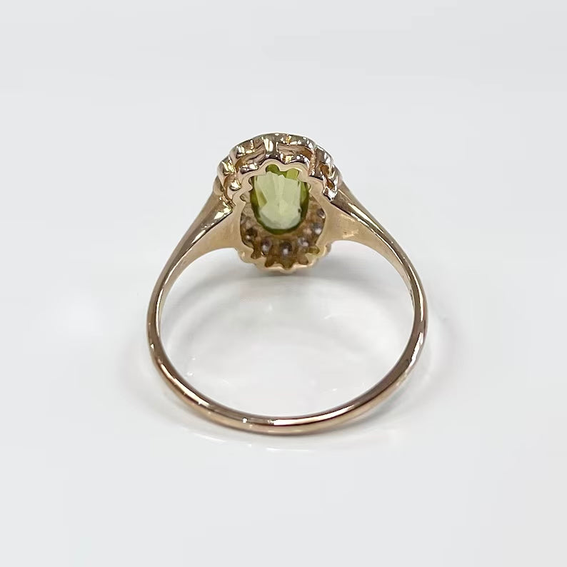 Edwardian Reproduction 9ct Yellow Gold Oval Peridot and Diamond Ring - Size O 1/2