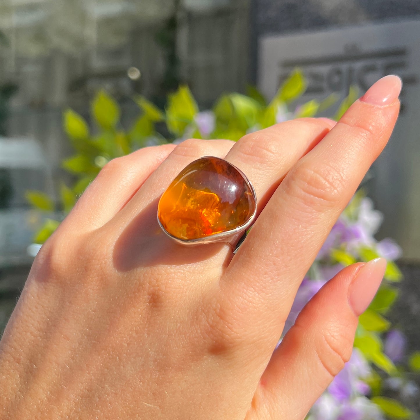 Super Chunky Sterling Silver Orange Amber Ring - Adjustable Size