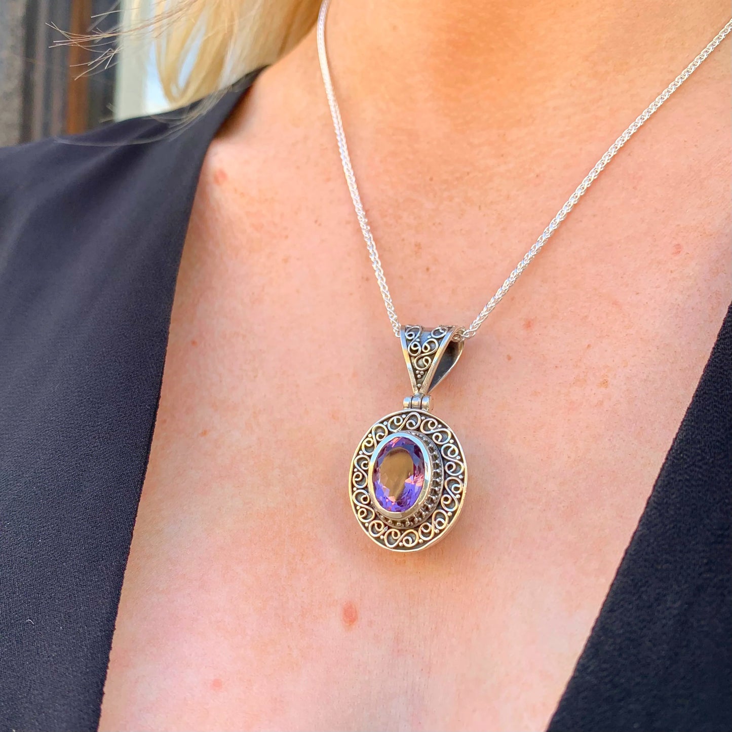 Chunky Sterling Silver Oval Purple Amethyst Filigree Pendant