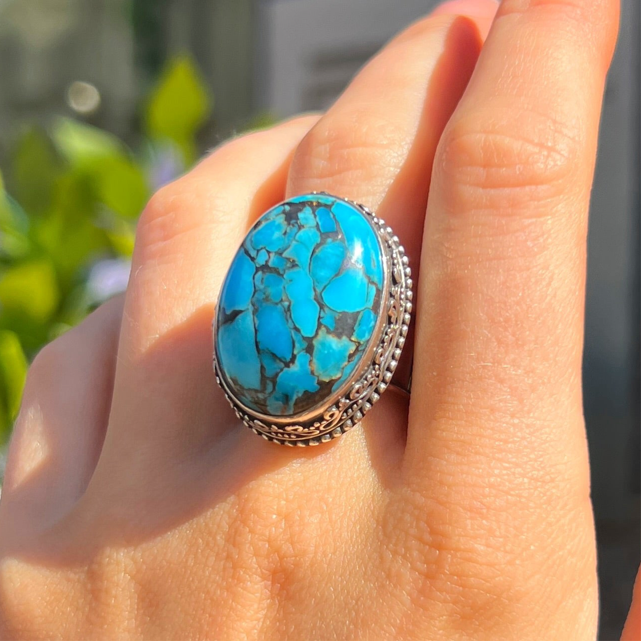 Chunky Sterling Silver Blue Turquoise Boho Ring - Size R