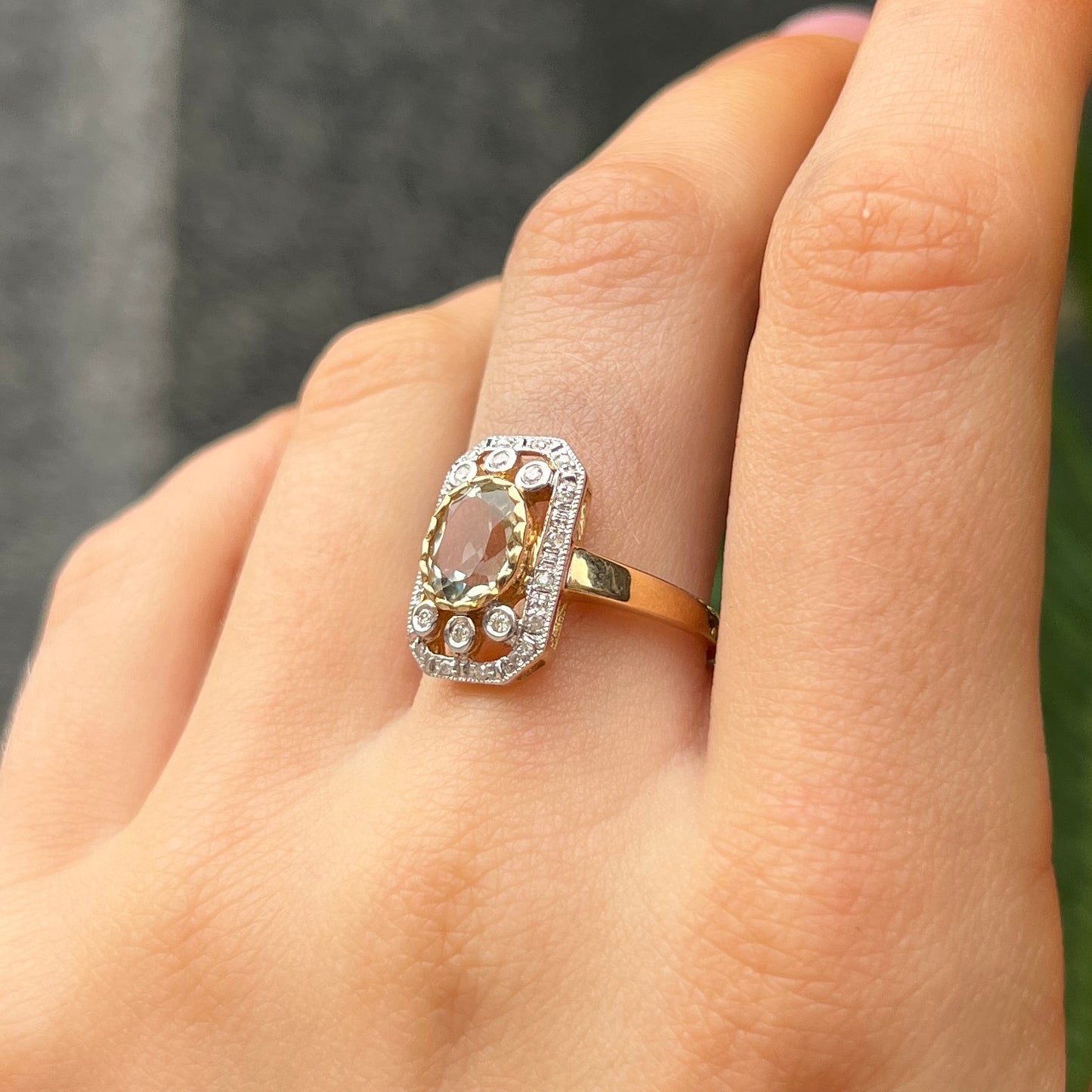 9ct Yellow Gold Green Amethyst and Diamond Ring - Size M