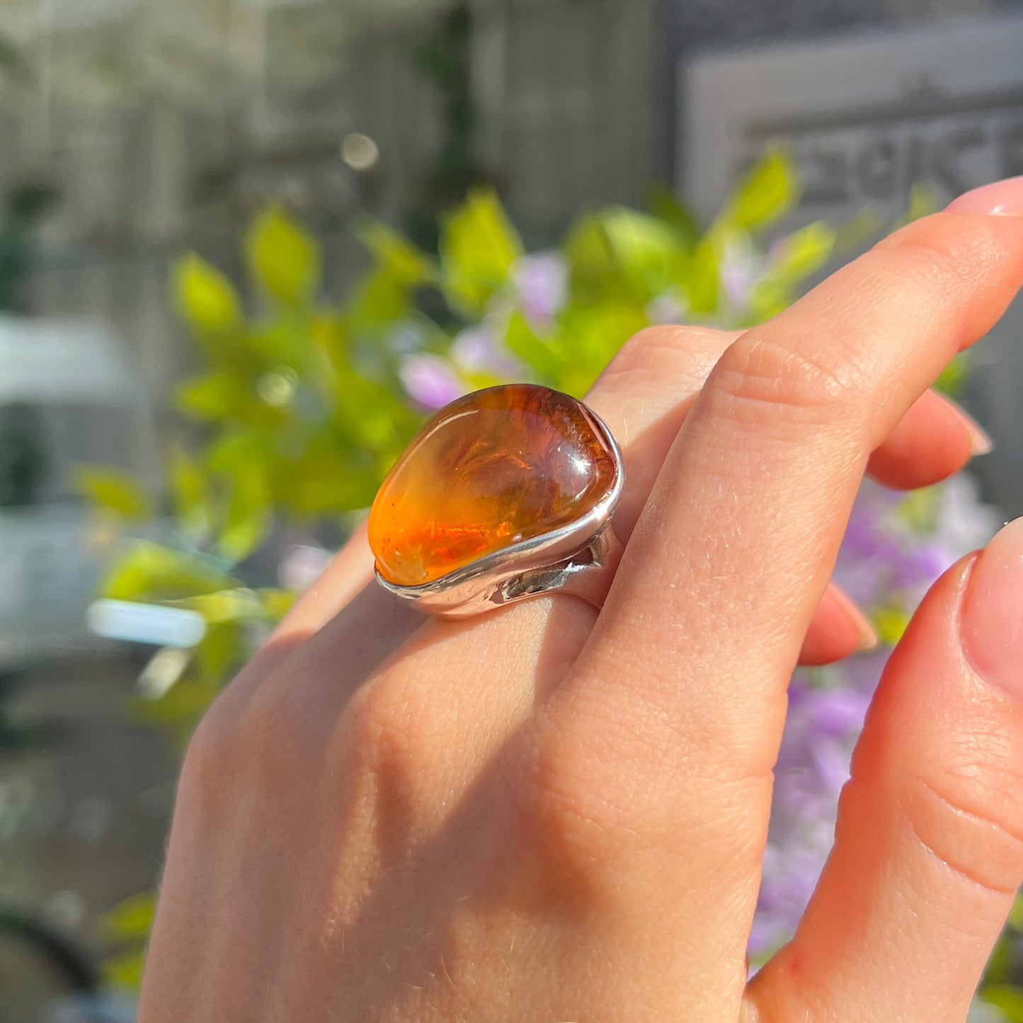 Super Chunky Sterling Silver Orange Amber Ring - Adjustable Size