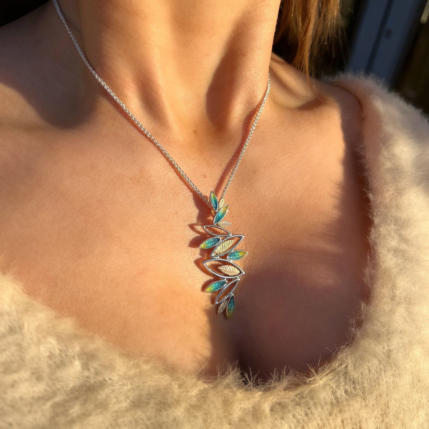 Sterling Silver Sheila Fleet Blue & Green Enamel Leaf Necklac