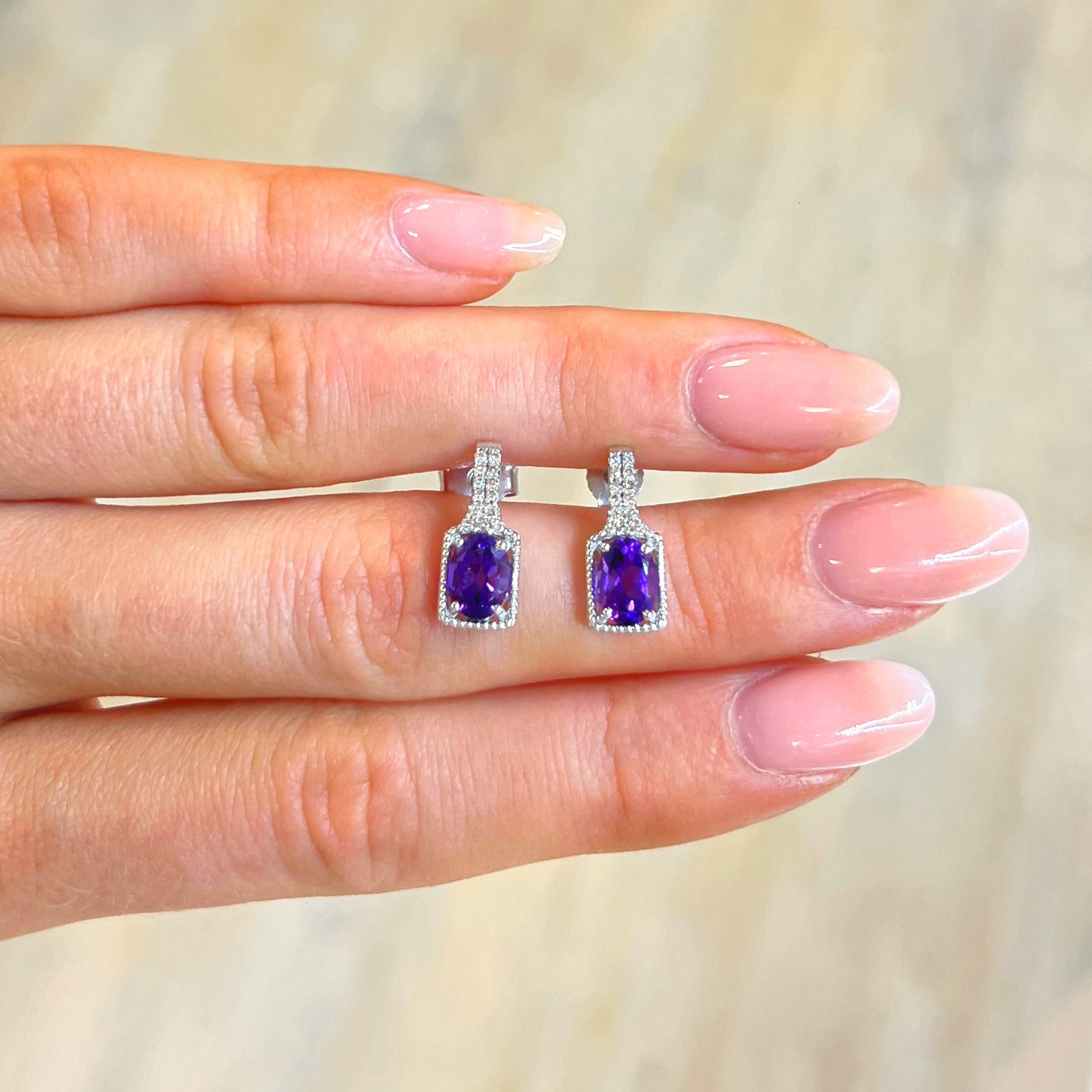 9ct White Gold Purple Amethyst & Diamond Stud Earrings