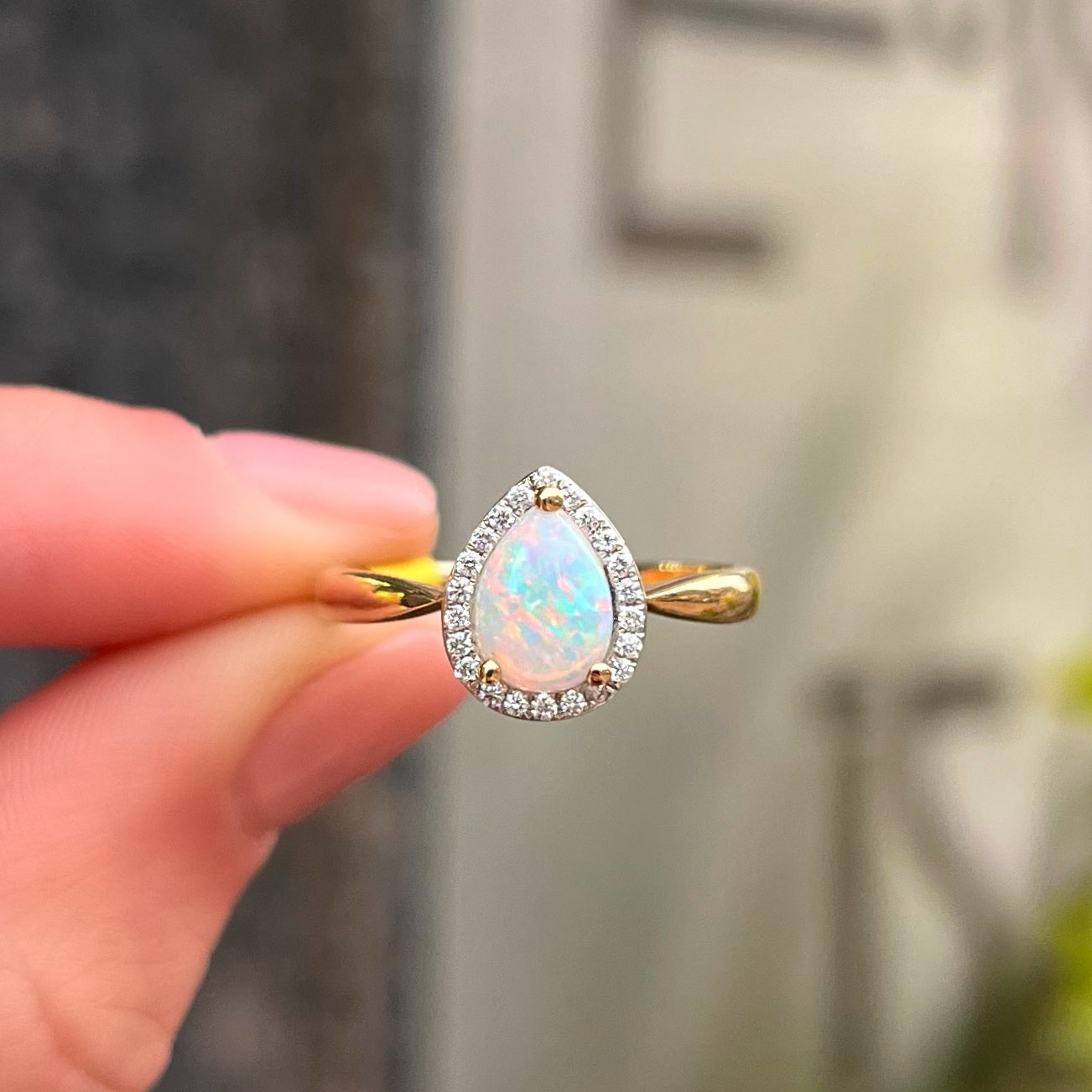 Elegant 9ct Yellow Gold Opal and Diamond Pear Shaped Halo Ring - Size N ½
