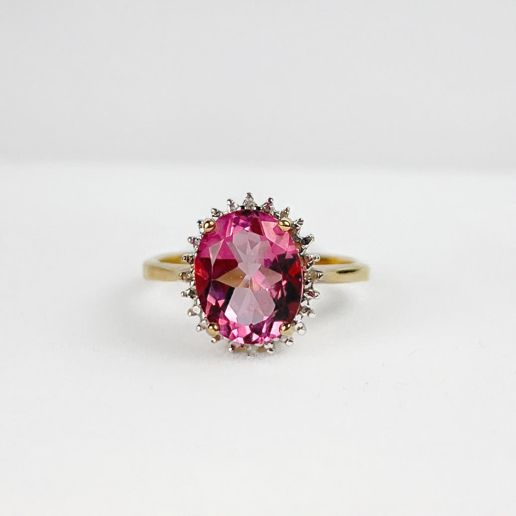Vintage 9ct Yellow Gold Pink Topaz and Diamond Halo Dress Ring - Size J ½
