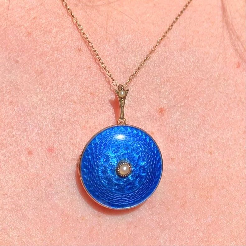 Antique 9ct Rose Gold Blue Enamel and Pearl (Brooch Back) Necklace
