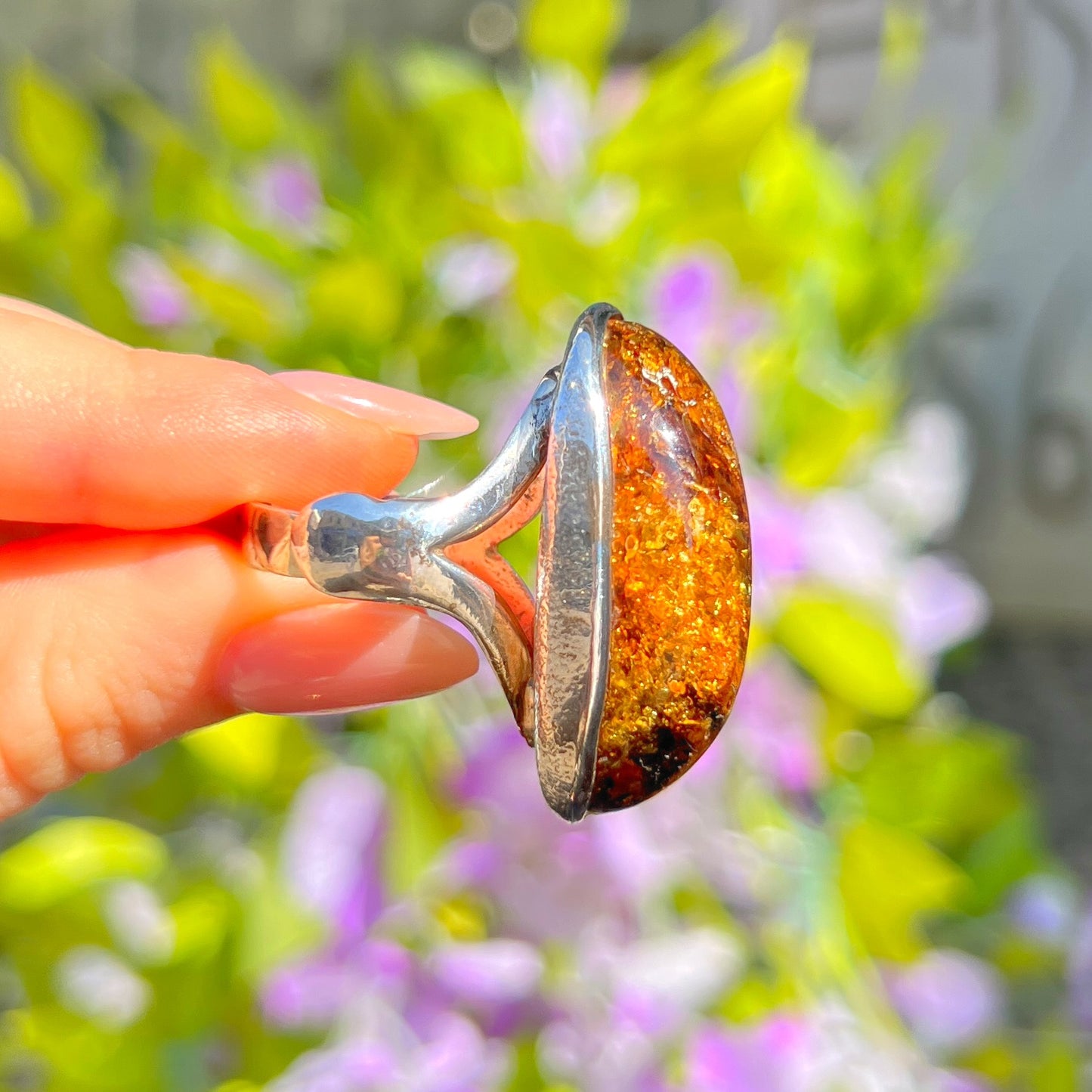 Super Chunky Sterling Silver Orange Amber Ring - adjustable