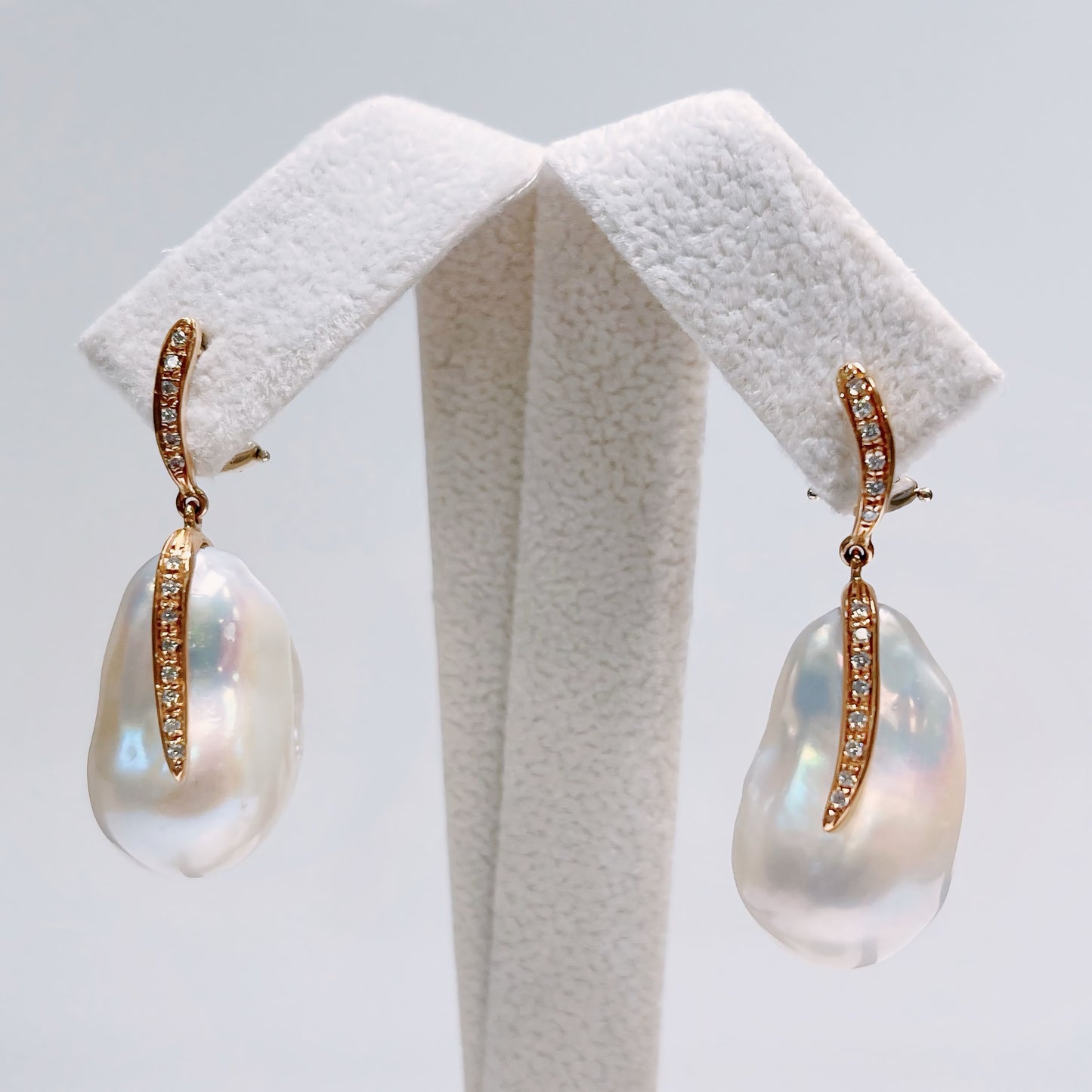 Large White Baroque Pearl Set In 18ct Rose Gold With Diamonds Drop Earrings