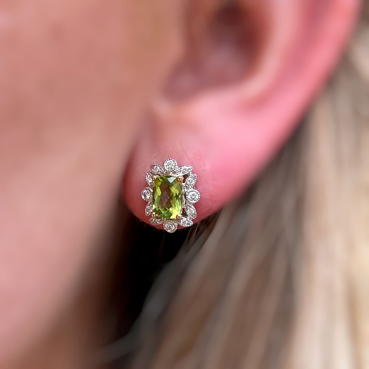 9ct White Gold Peridot and Diamond Cluster Earrings