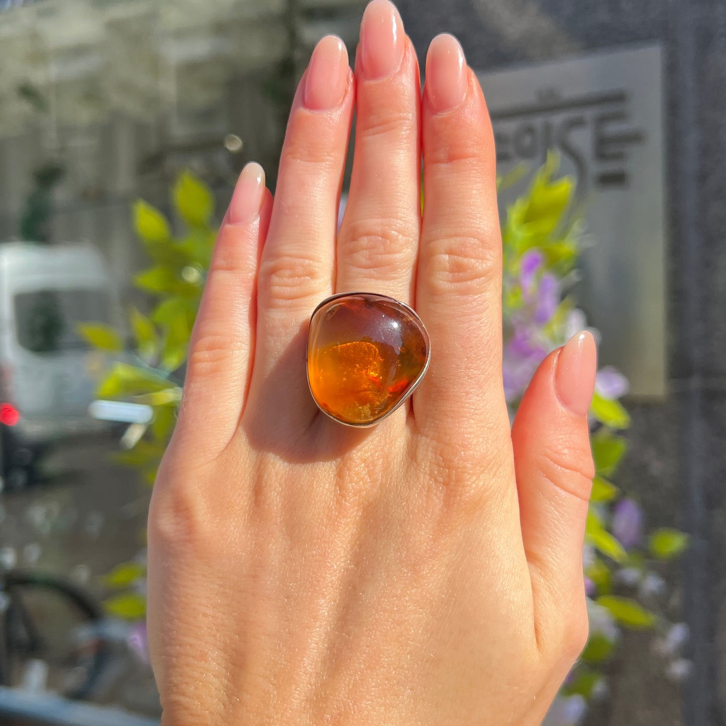 Super Chunky Sterling Silver Orange Amber Ring - Adjustable Size