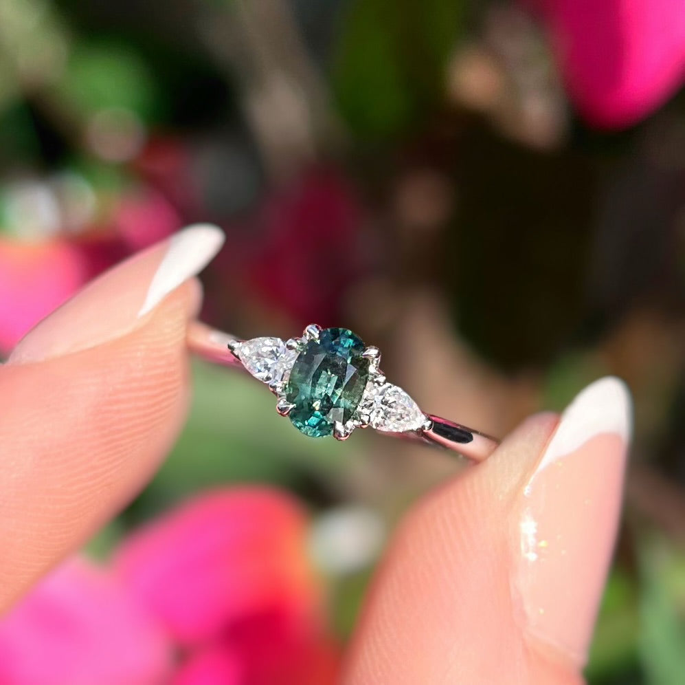 Classic Platinum Green Sapphire and Diamond Trilogy Ring - Size M 1/2