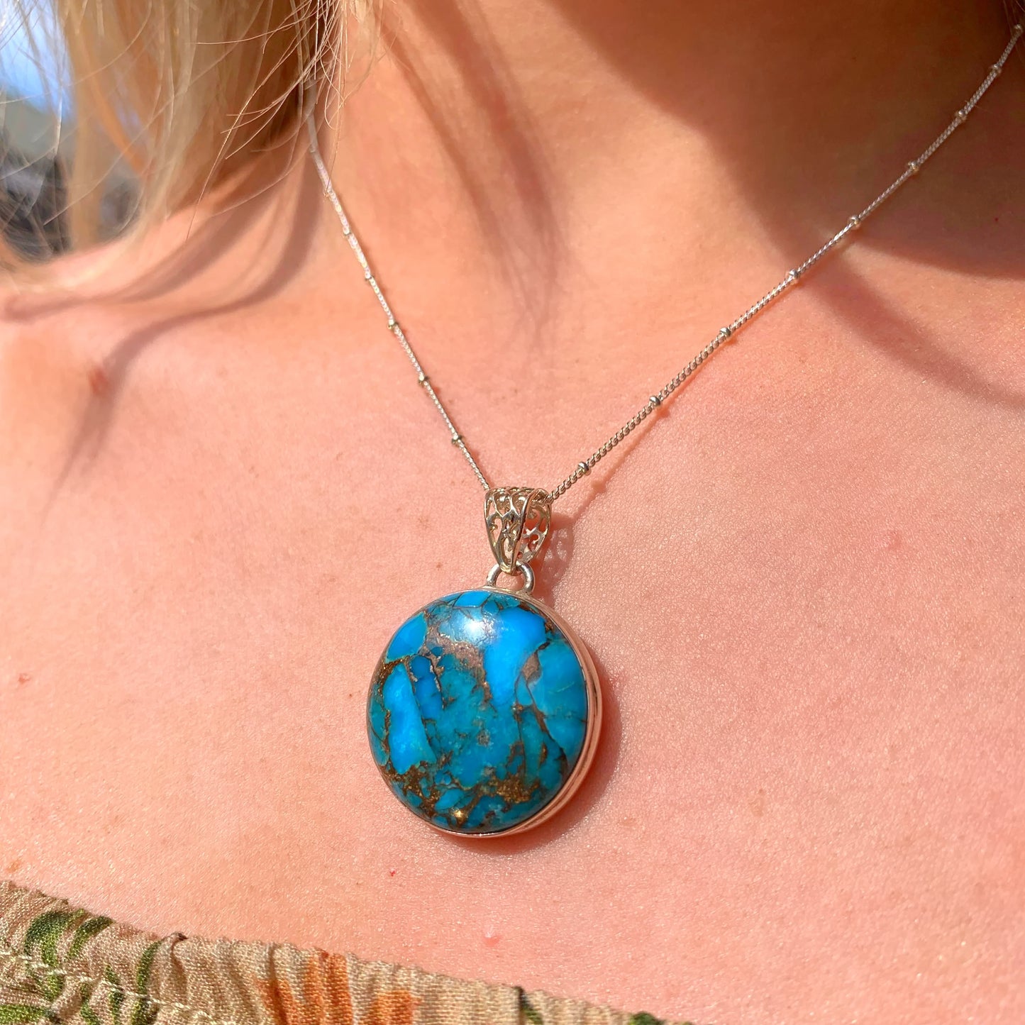 Round Bohemian Inspired Sterling Silver Turquoise Necklace