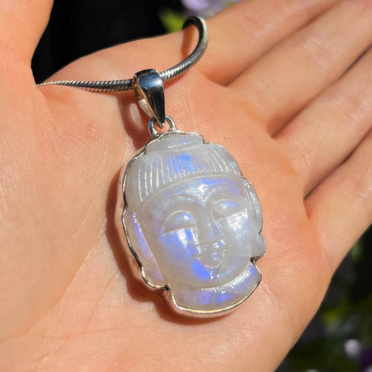 Chunky Buddha Head Sterling Silver Rainbow Moonstone Pendant & Chain