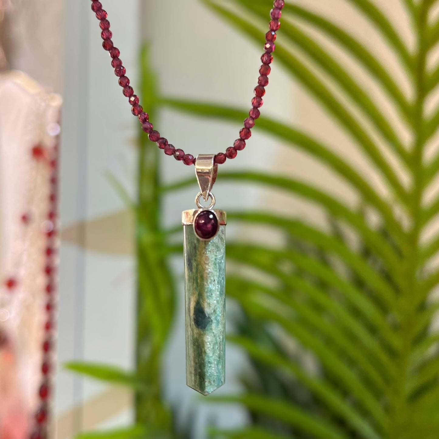 Unique Sterling Silver Green Kyanite and Ruby Pendant and a Garnet Beaded Necklace