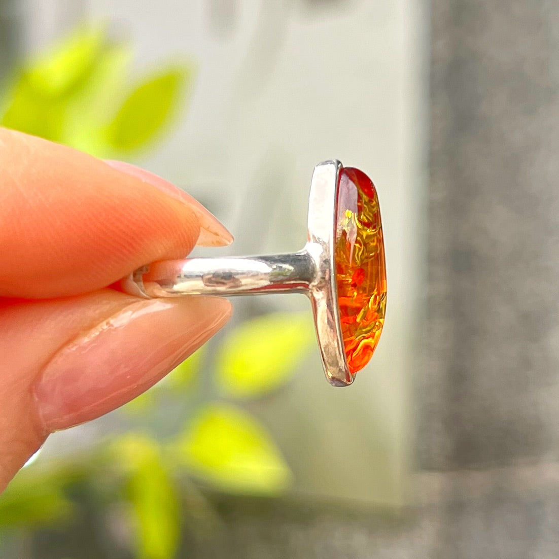 Sterling Silver Orange Amber Marquise Cut Ring - Size M