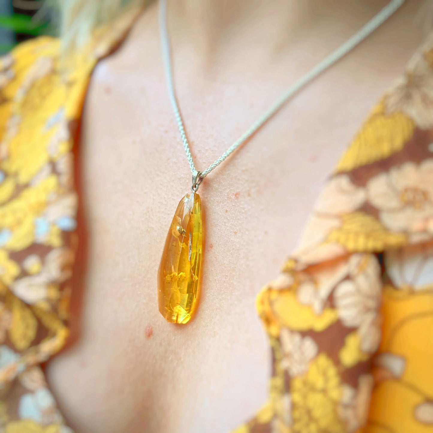 Rare Sterling Silver Fossilised Prehistoric ‘Ghost Fly’ Orange Amber Pendant