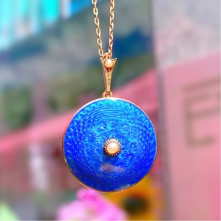 Antique 9ct Rose Gold Blue Enamel and Pearl (Brooch Back) Necklace