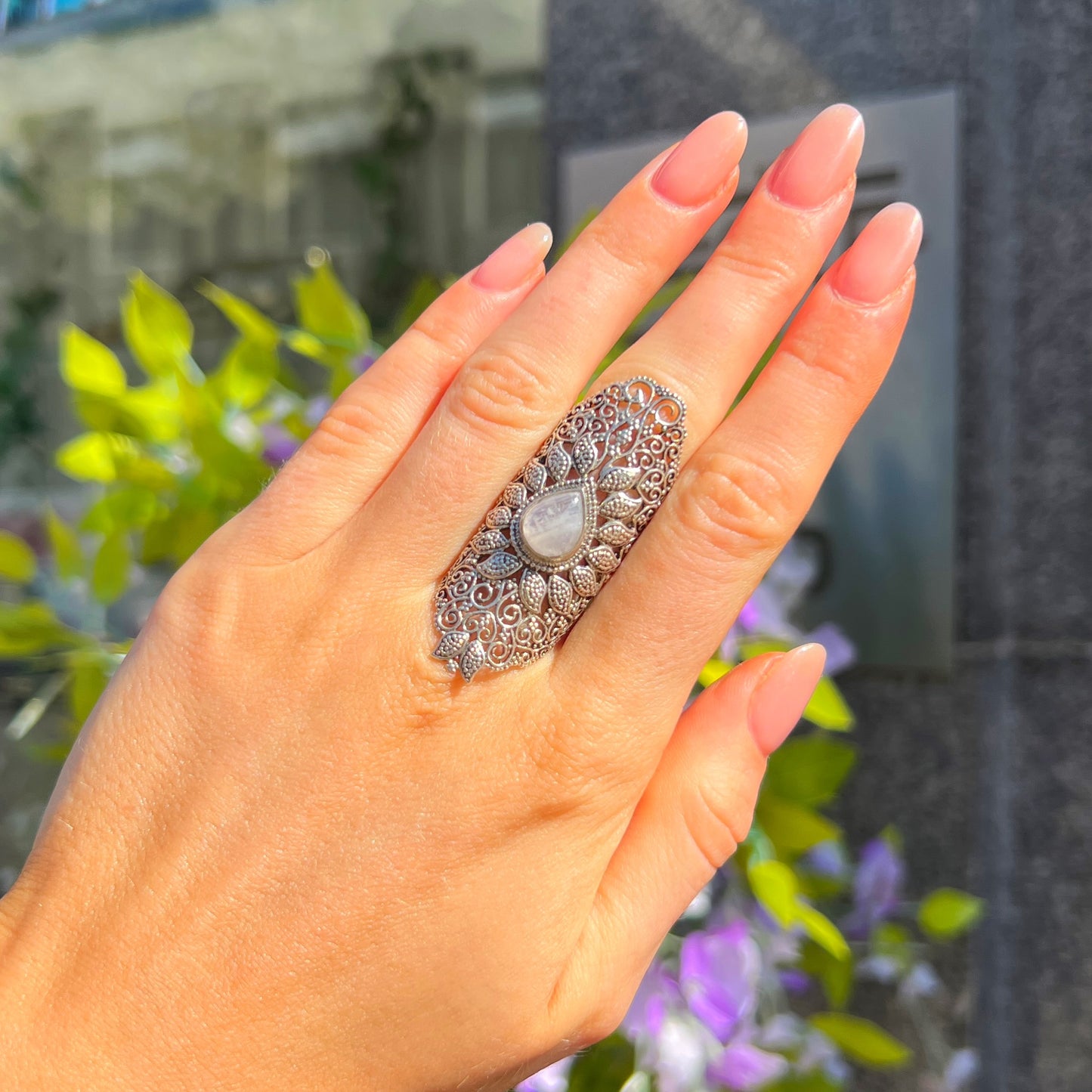 XL Chunky Sterling Silver Boho White Labradorite Ring - Size M