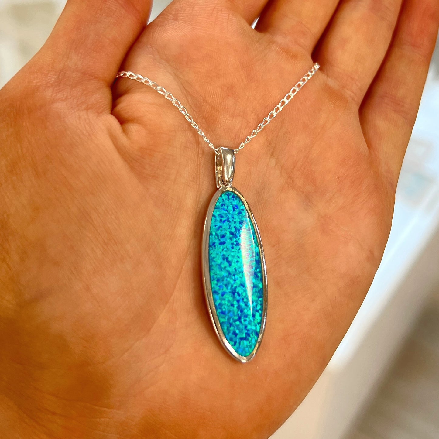 Iridescent Blue Opal Sterling Silver Necklace