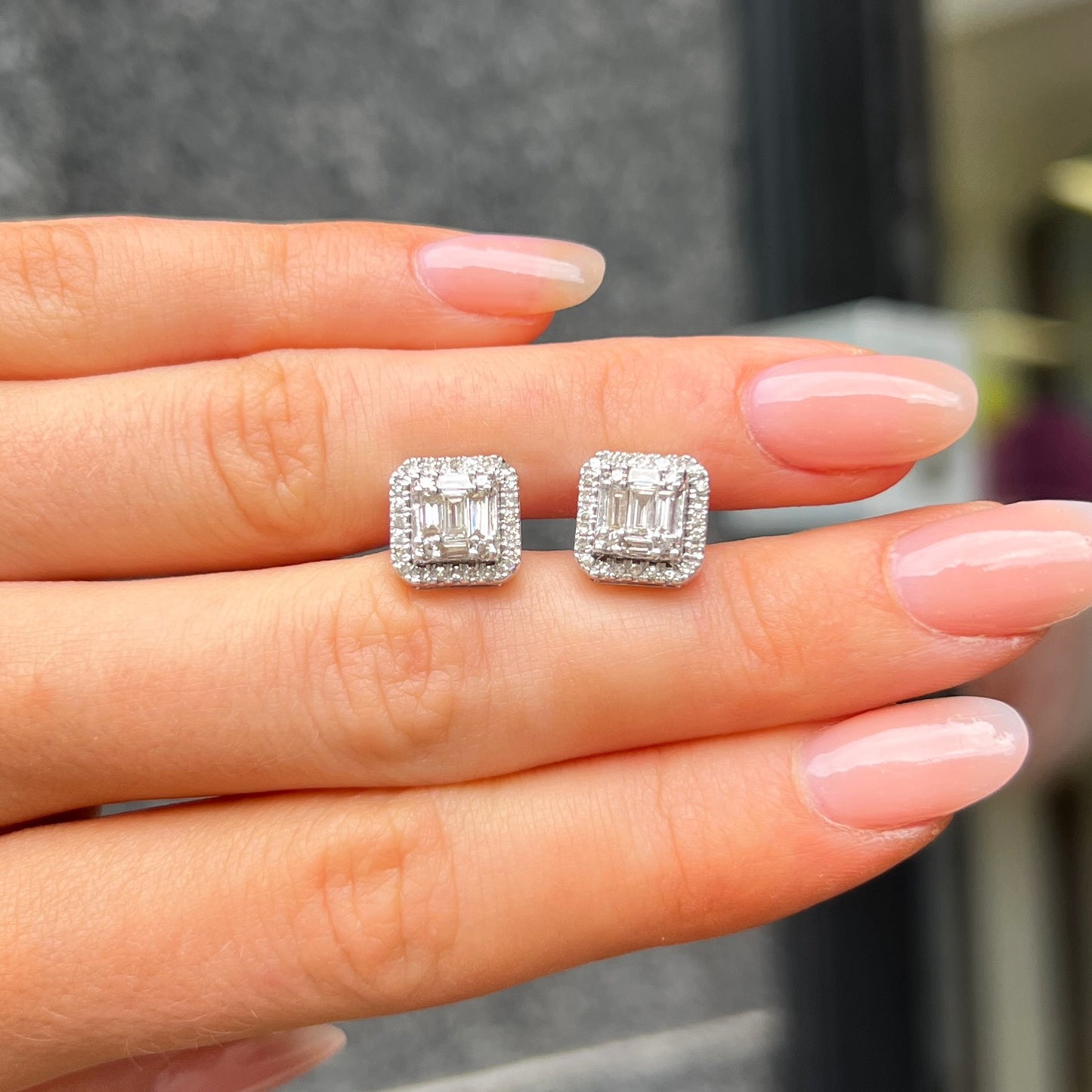 9ct White Gold Square Diamond Stud Earrings